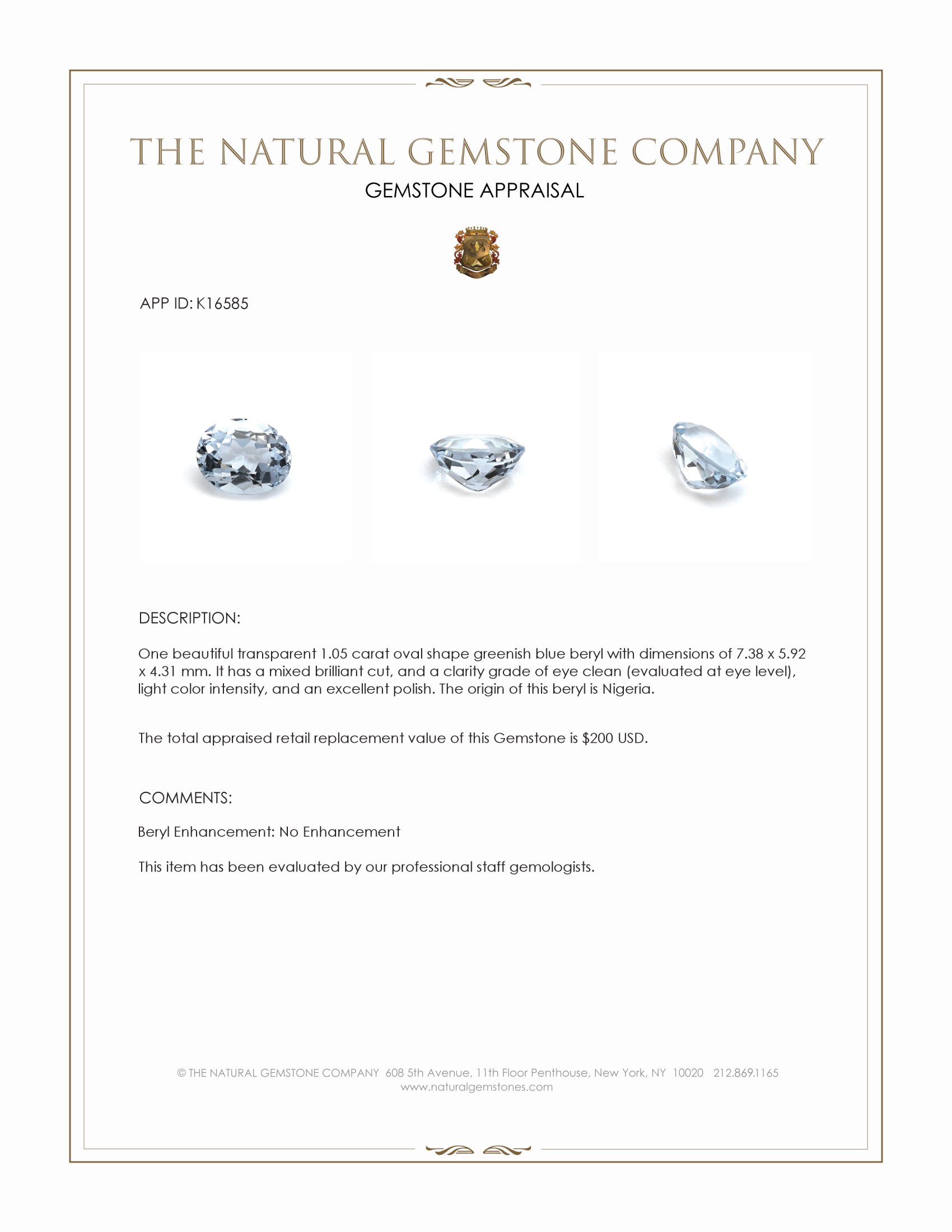 1.05 Ct. Beryl from Nigeria