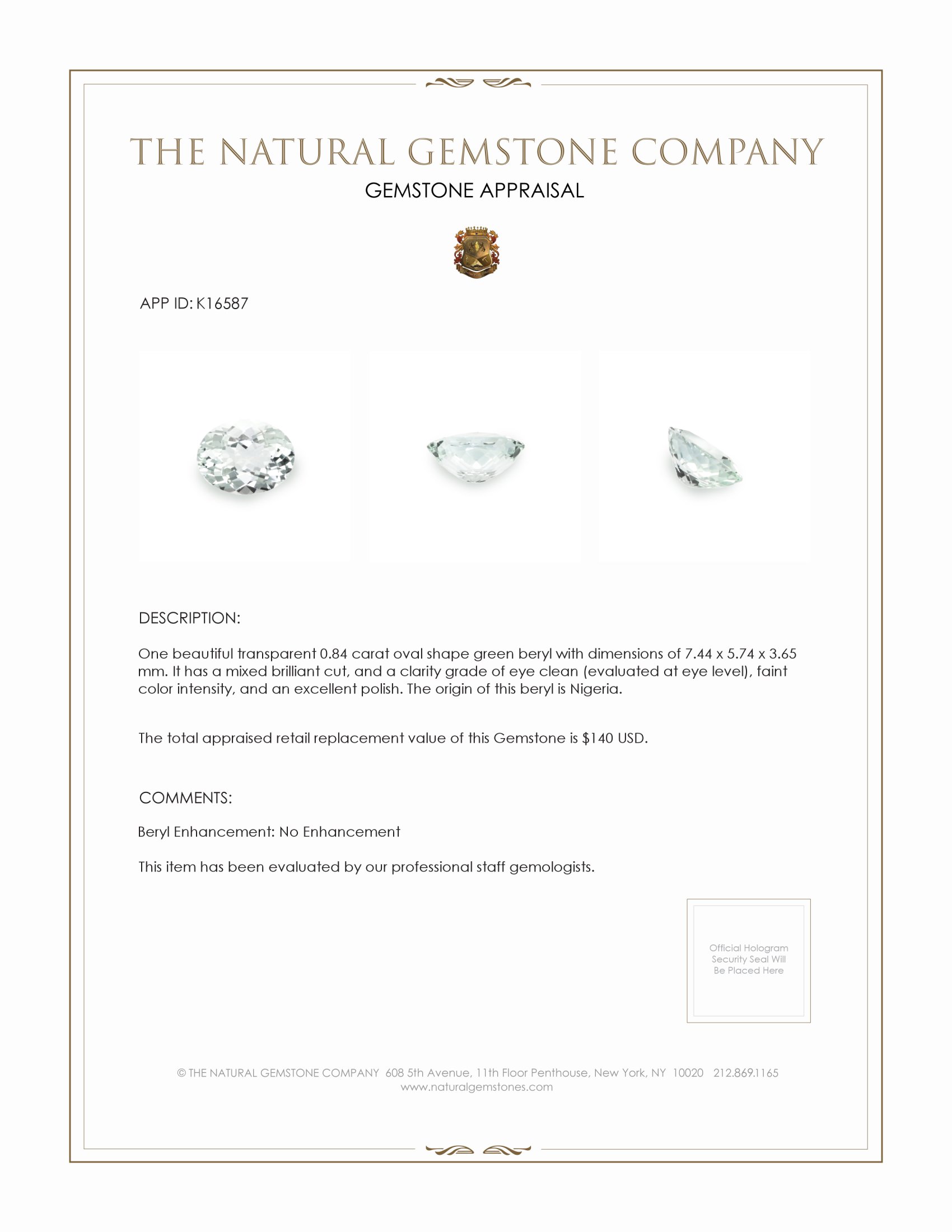 0.84 Ct. Green Beryl from Nigeria