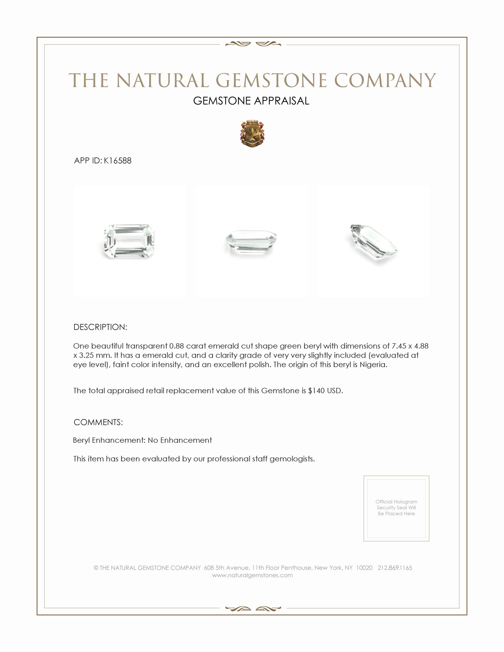 0.88 Ct. Green Beryl from Nigeria