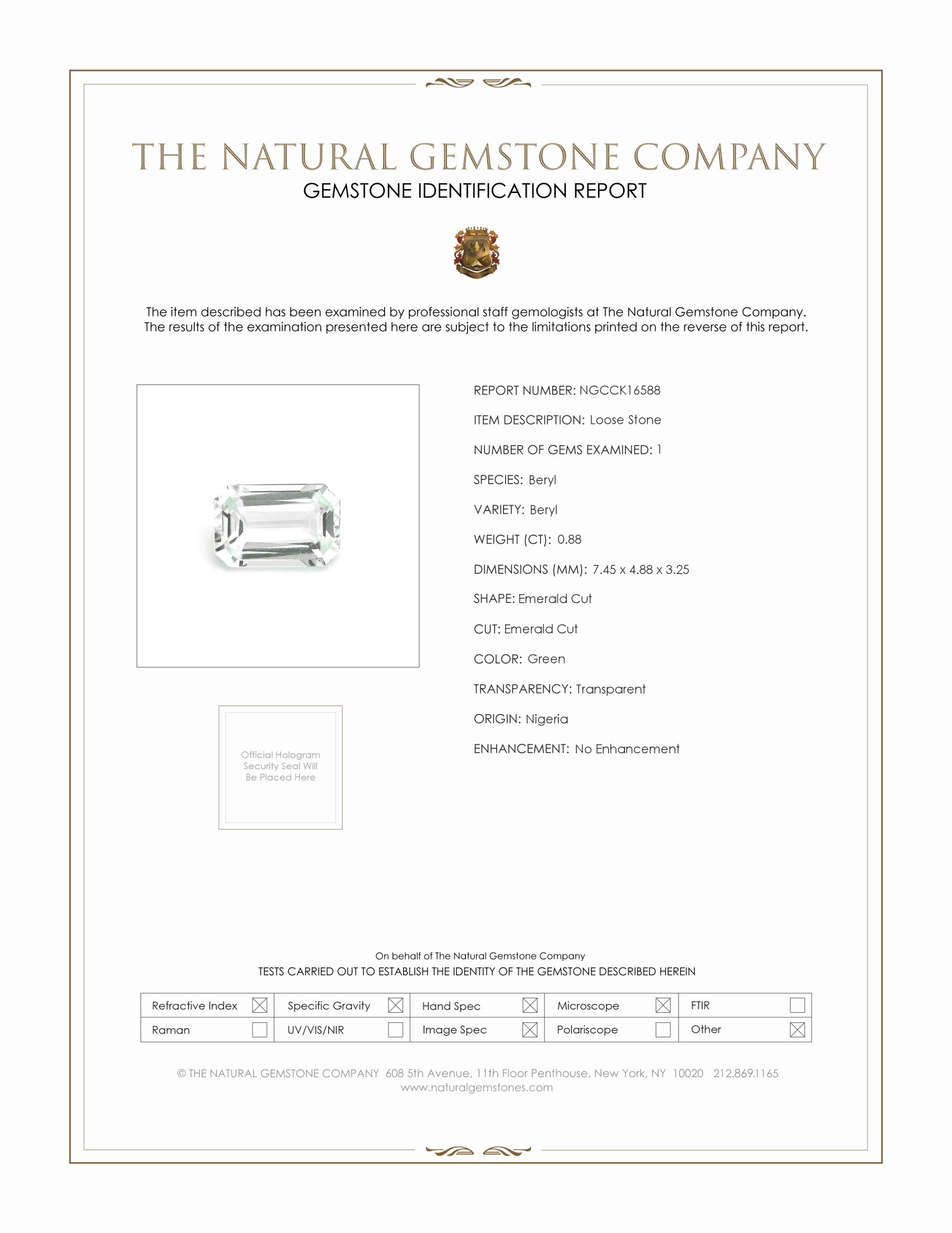 0.88 Ct. Green Beryl from Nigeria