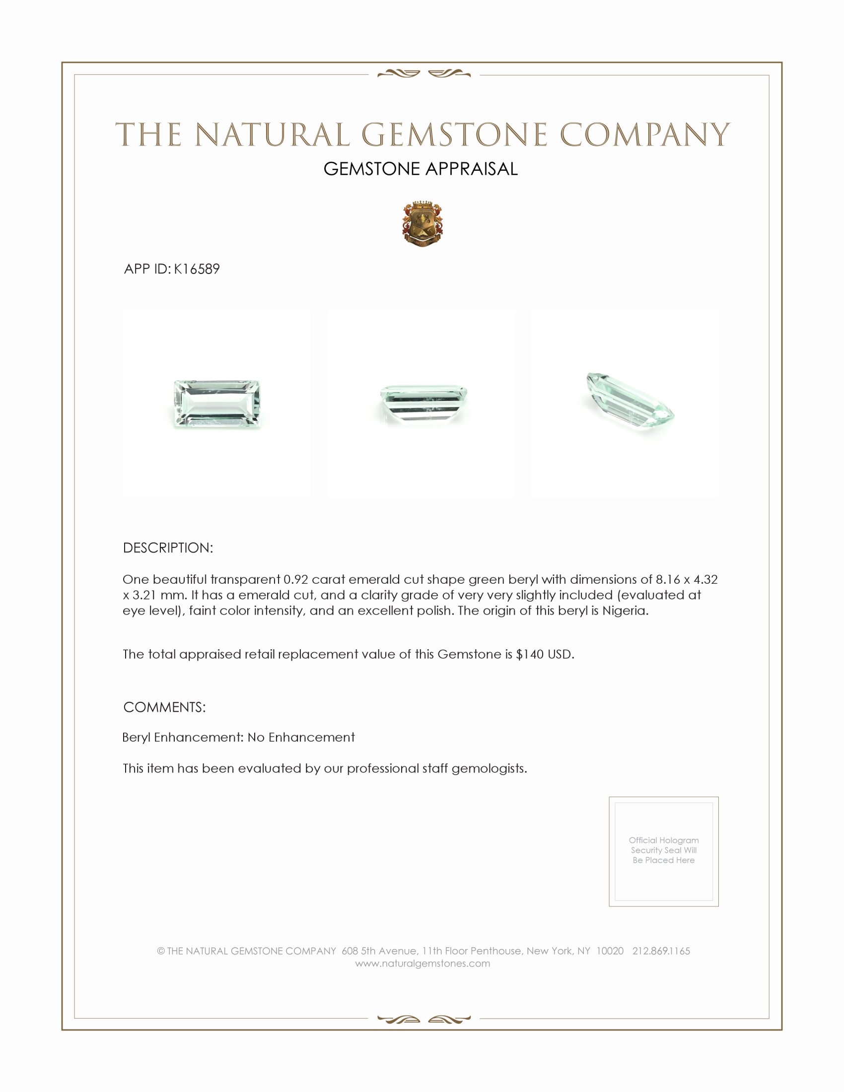 0.92 Ct. Green Beryl from Nigeria