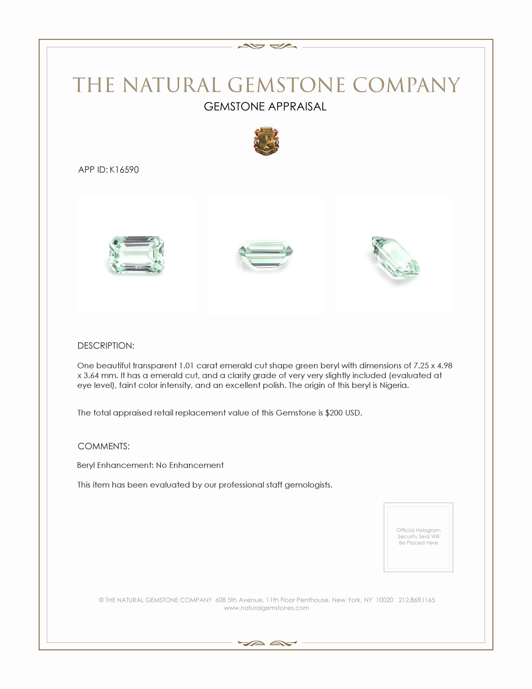 1.01 Ct. Green Beryl from Nigeria