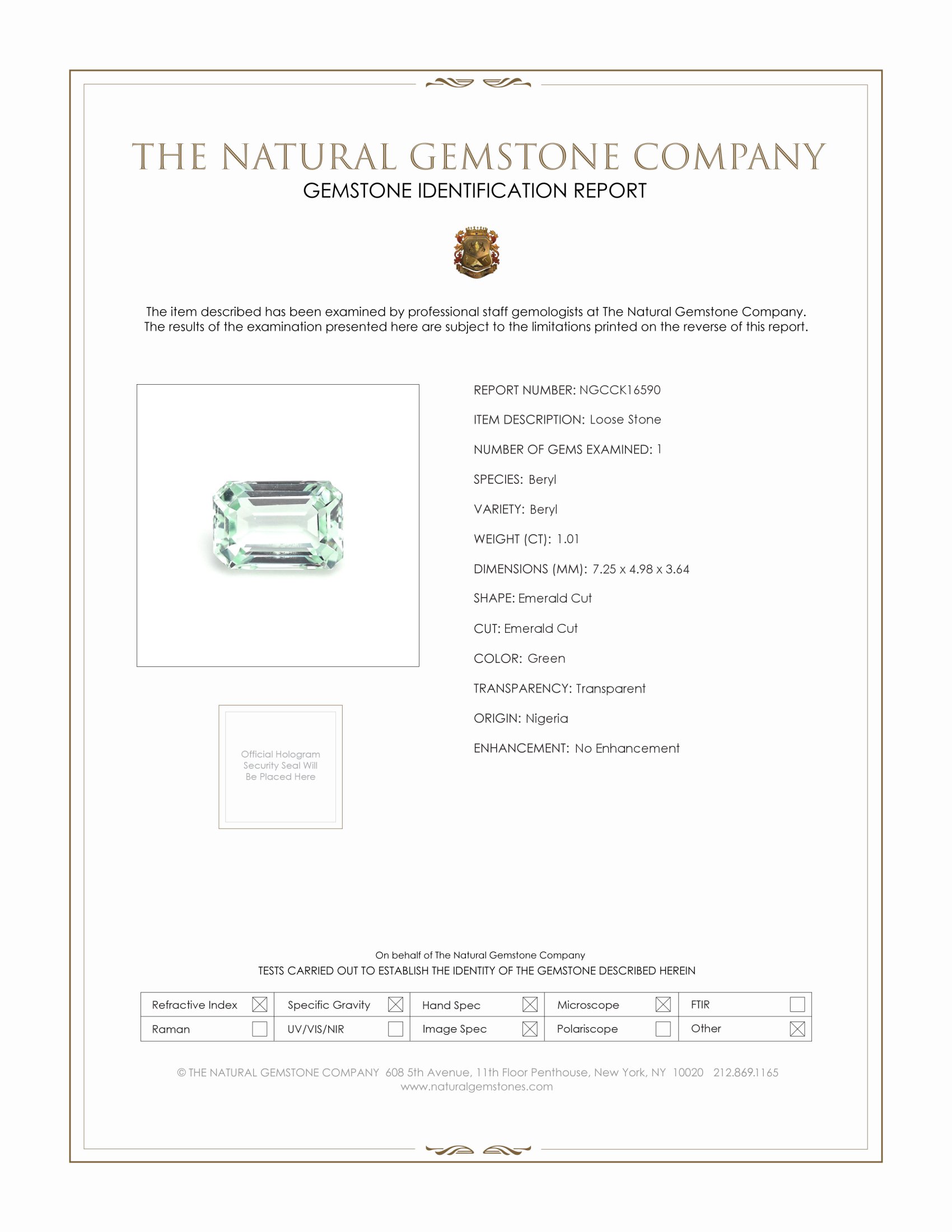 1.01 Ct. Green Beryl from Nigeria