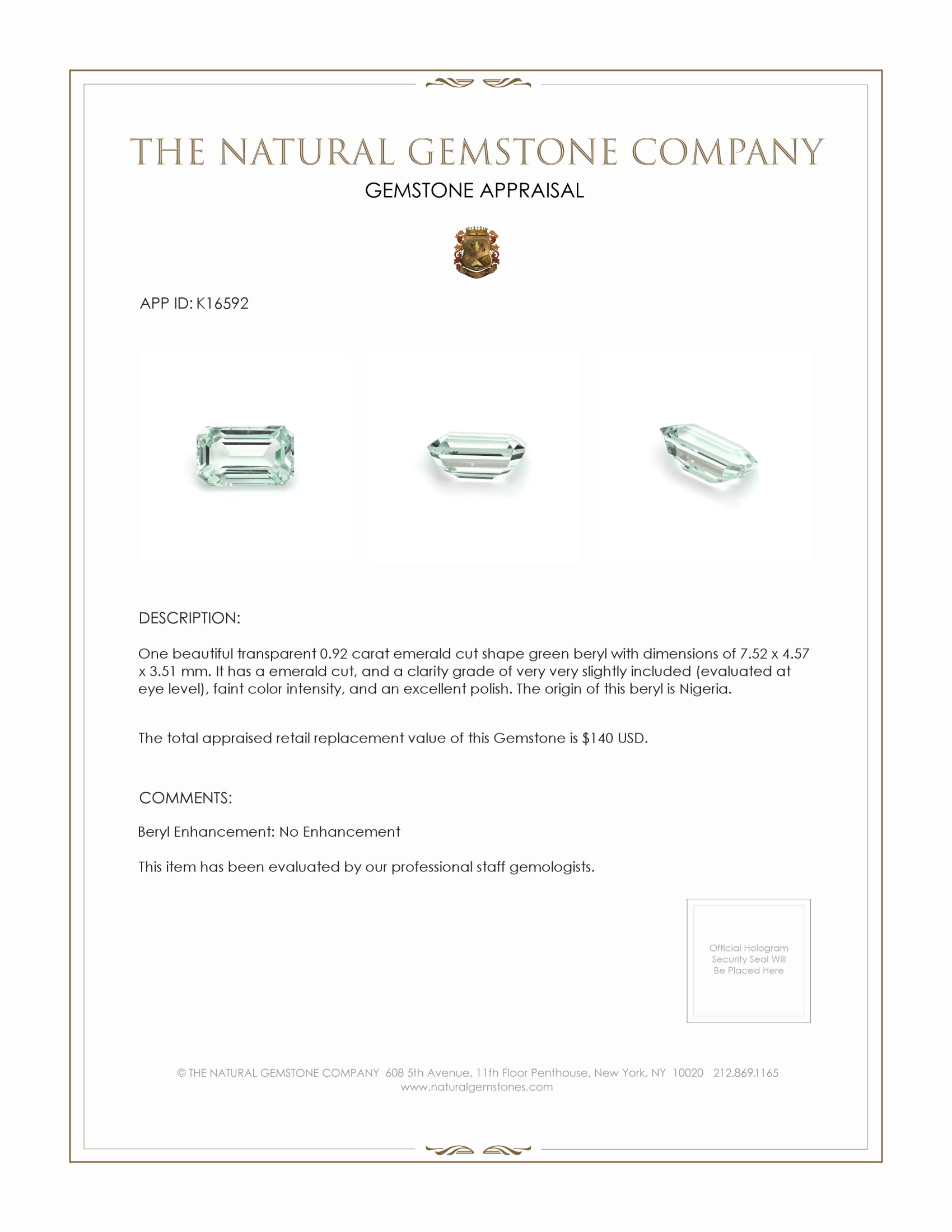 0.92 Ct. Green Beryl from Nigeria