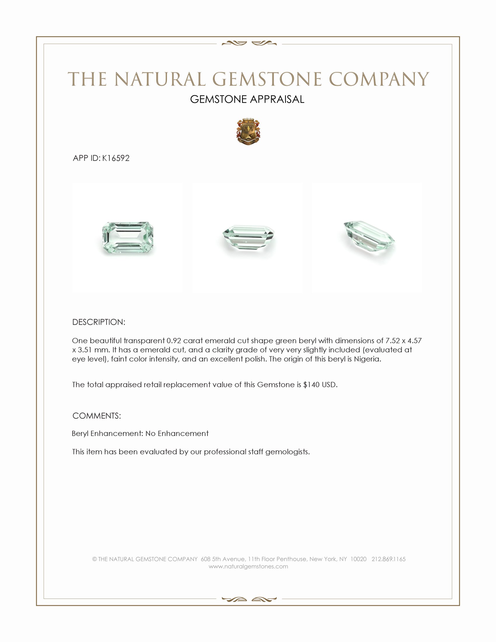 0.92 Ct. Beryl from Nigeria