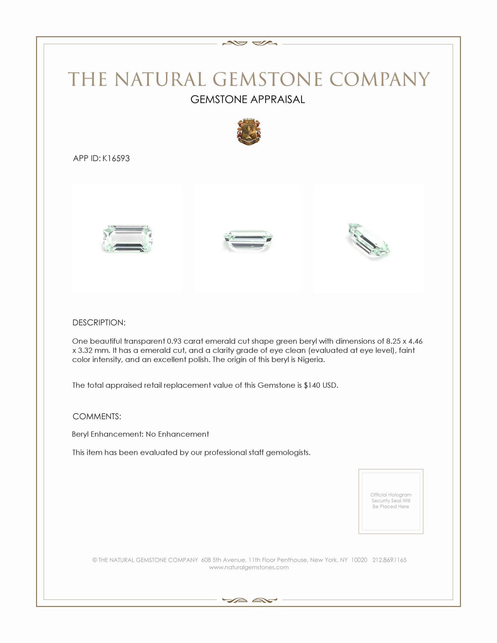 0.93 Ct. Green Beryl from Nigeria