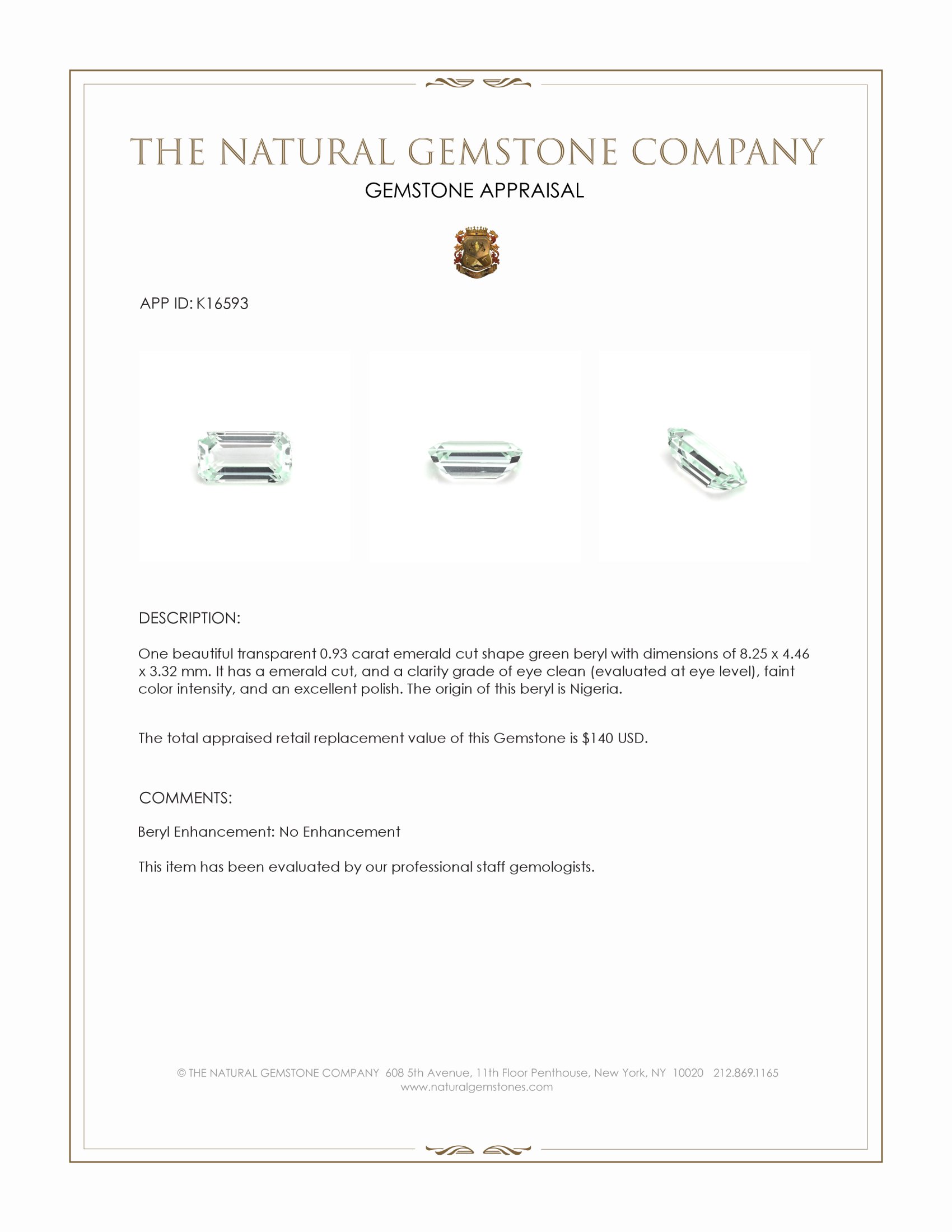 0.93 Ct. Beryl from Nigeria