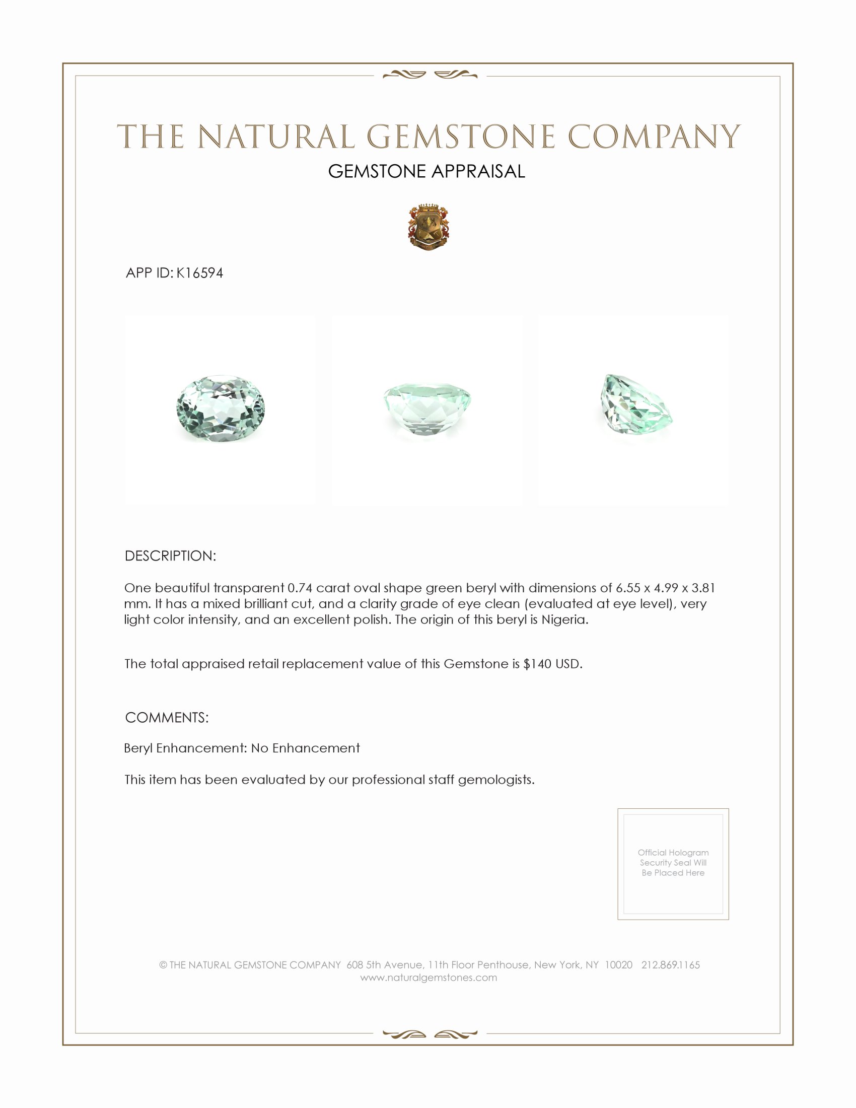 0.74 Ct. Beryl from Nigeria