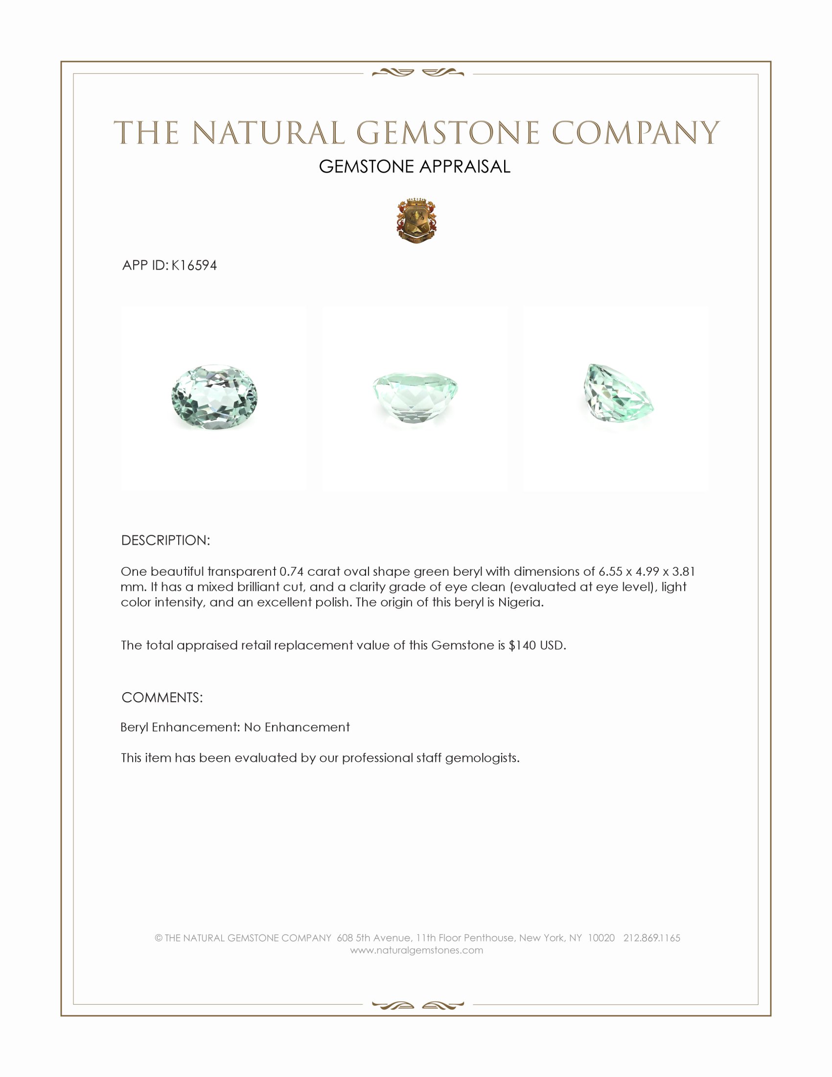 0.74 Ct. Green Beryl from Nigeria