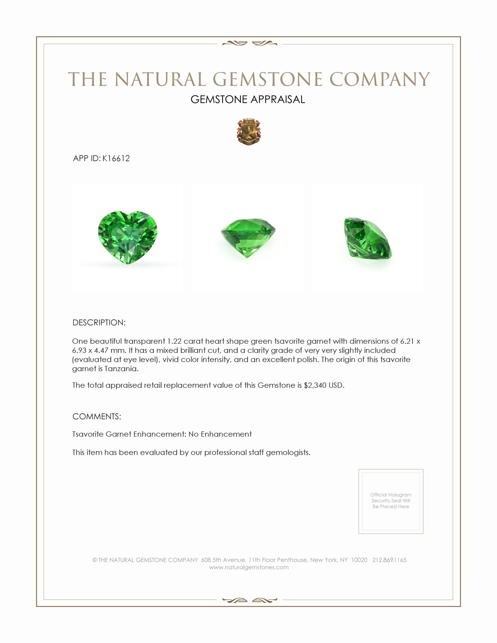 1.22 Ct. Tsavorite Garnet from Tanzania