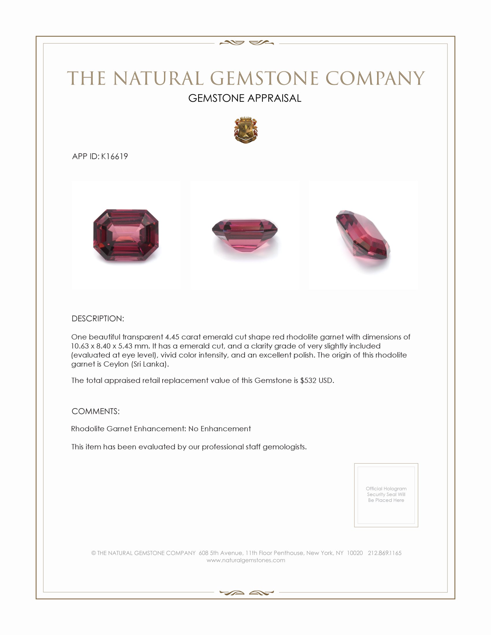 4.45 Ct. Rhodolite Garnet from Ceylon (Sri Lanka)
