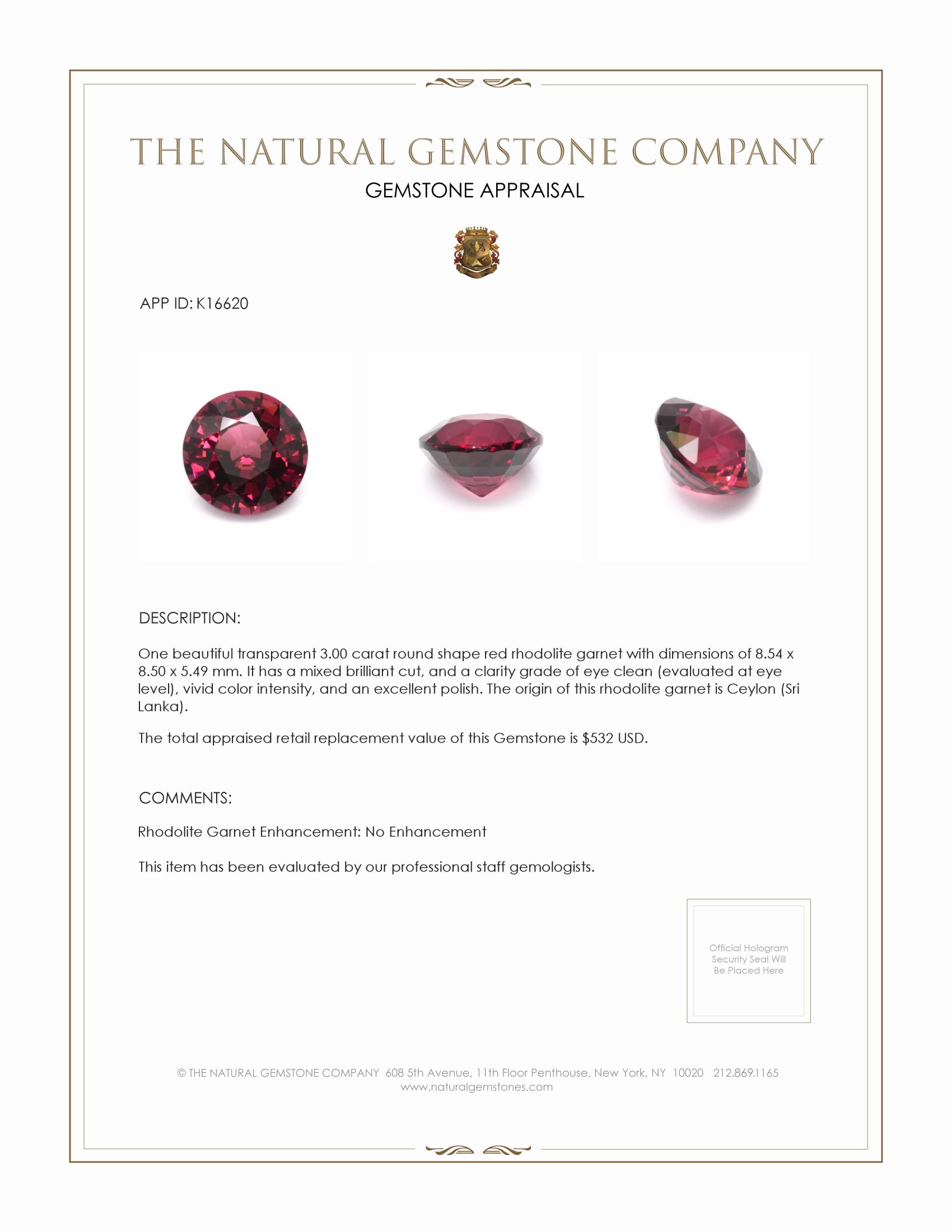 3.00 Ct. Rhodolite Garnet from Ceylon (Sri Lanka)