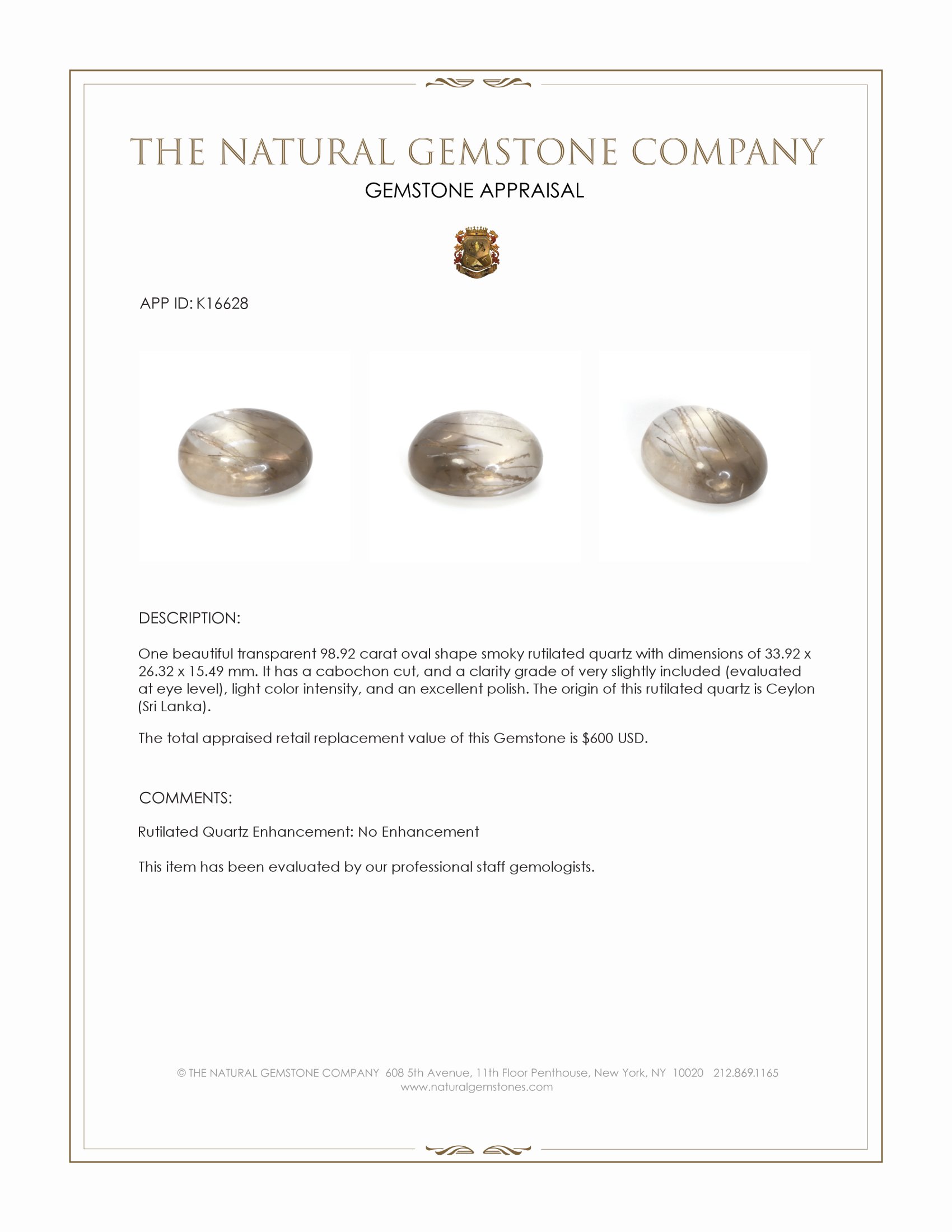 98.92 Ct. Smoky Cabochon Rutilated Quartz from Ceylon (Sri Lanka)