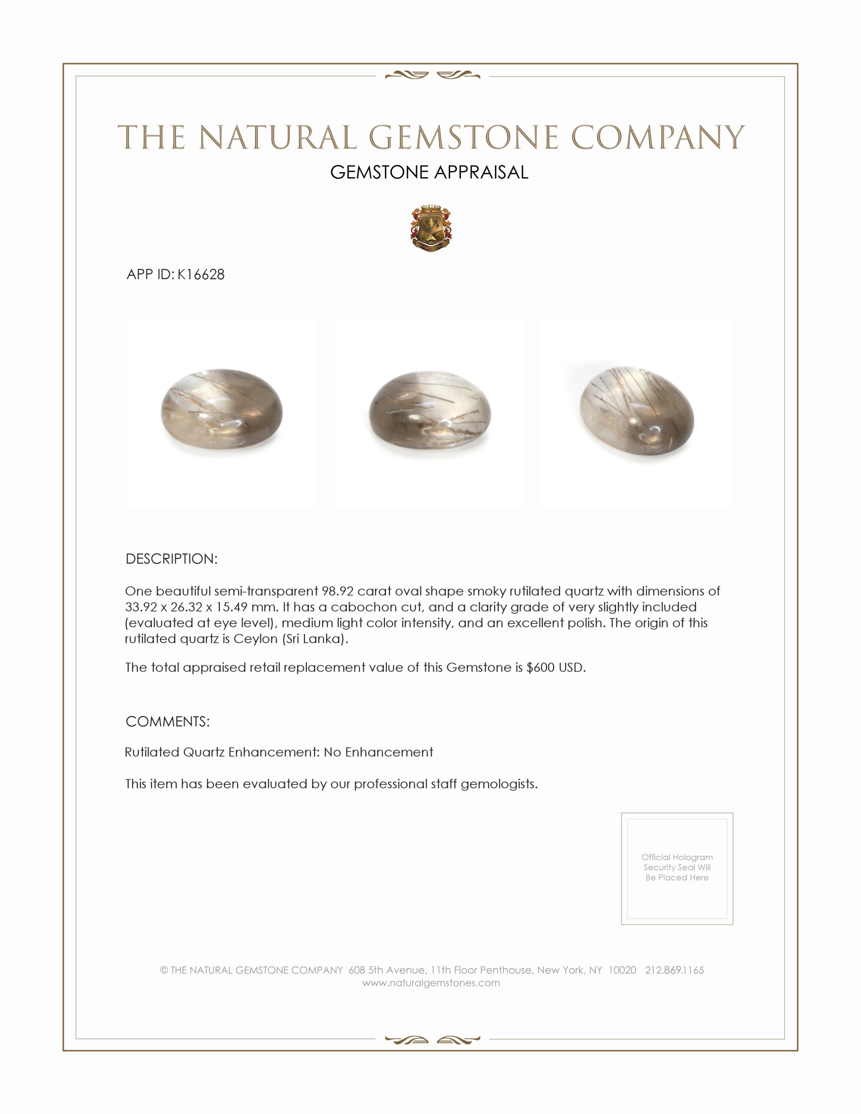 98.92 Ct. Cabochon Rutilated Quartz from Ceylon (Sri Lanka)