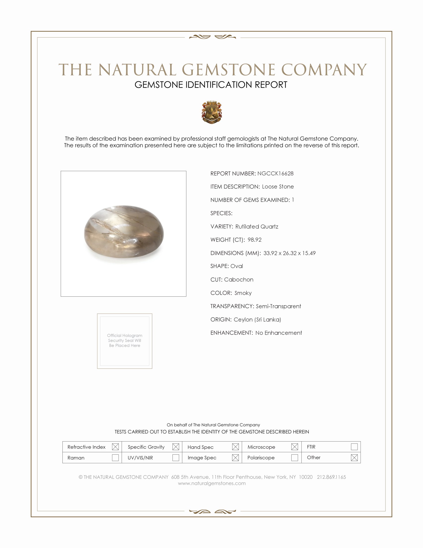 98.92 Ct. Cabochon Rutilated Quartz from Ceylon (Sri Lanka)