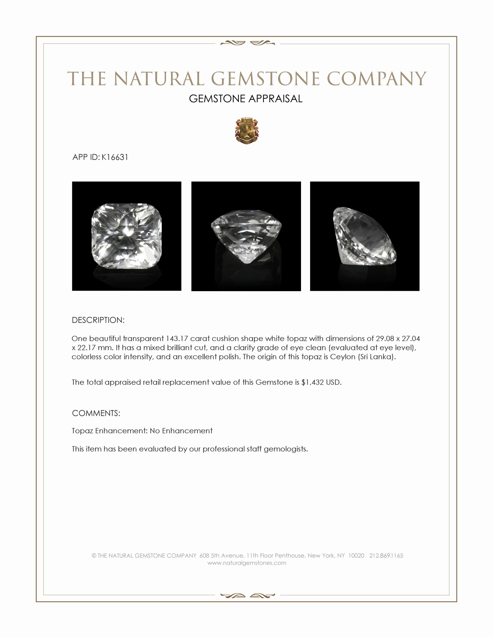143.17 Ct. White Topaz from Ceylon (Sri Lanka)