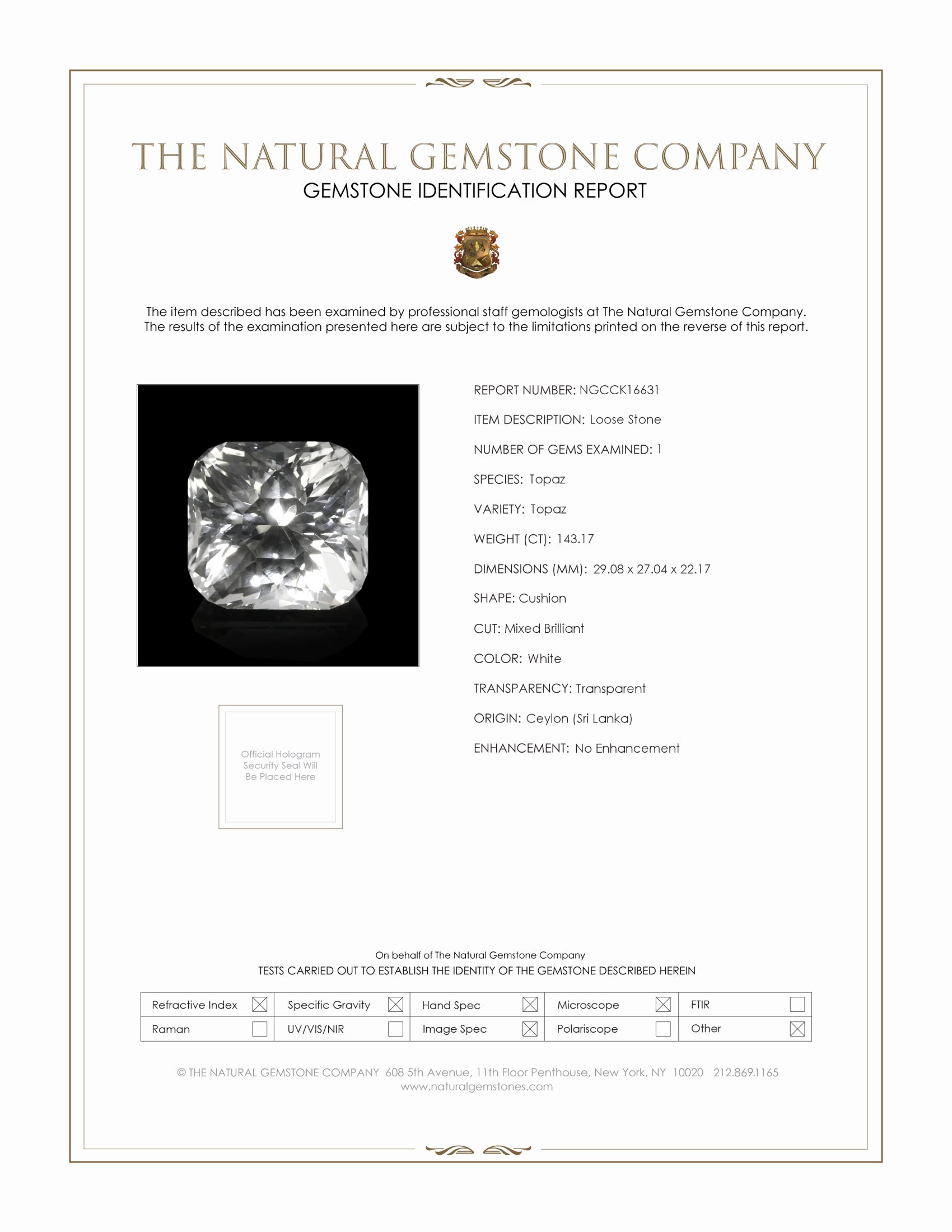 143.17 Ct. White Topaz from Ceylon (Sri Lanka)