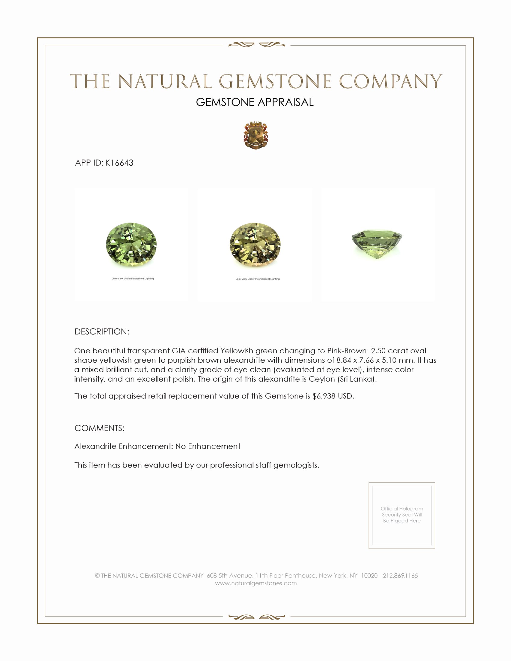 2.50 Ct. Alexandrite from Ceylon (Sri Lanka)