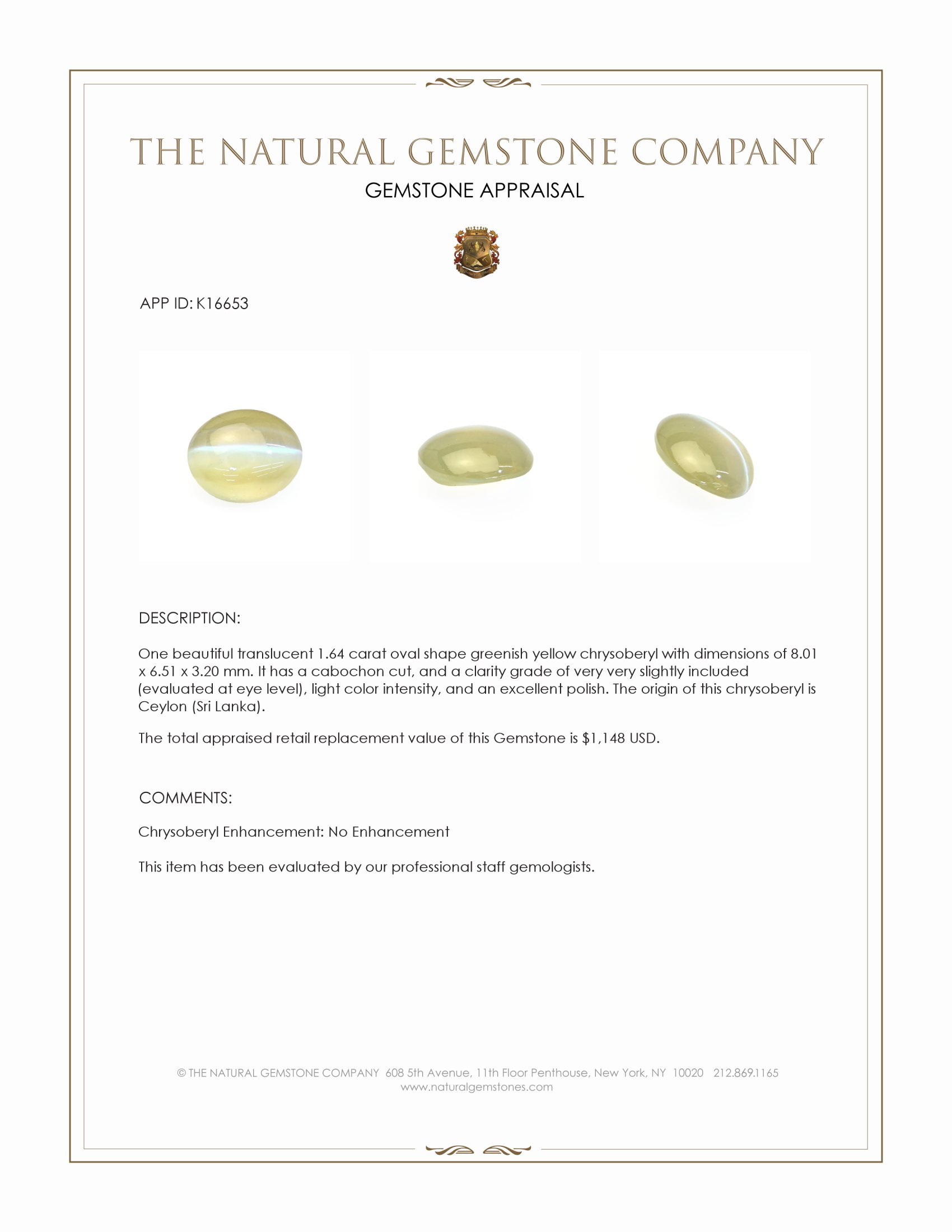 1.64 Ct. Greenish Yellow Cabochon Chrysoberyl from Ceylon (Sri Lanka)