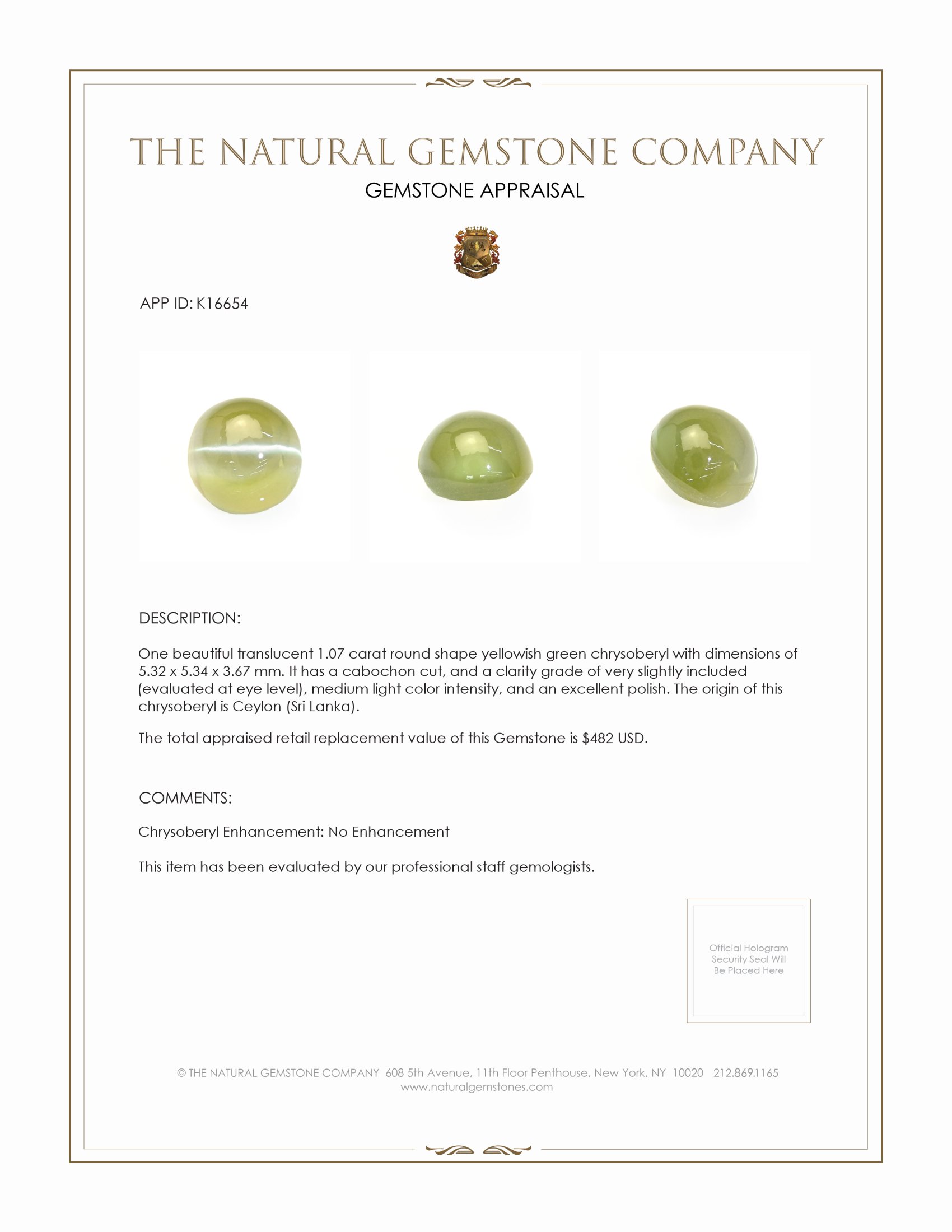 1.07 Ct. Cabochon Chrysoberyl from Ceylon (Sri Lanka)