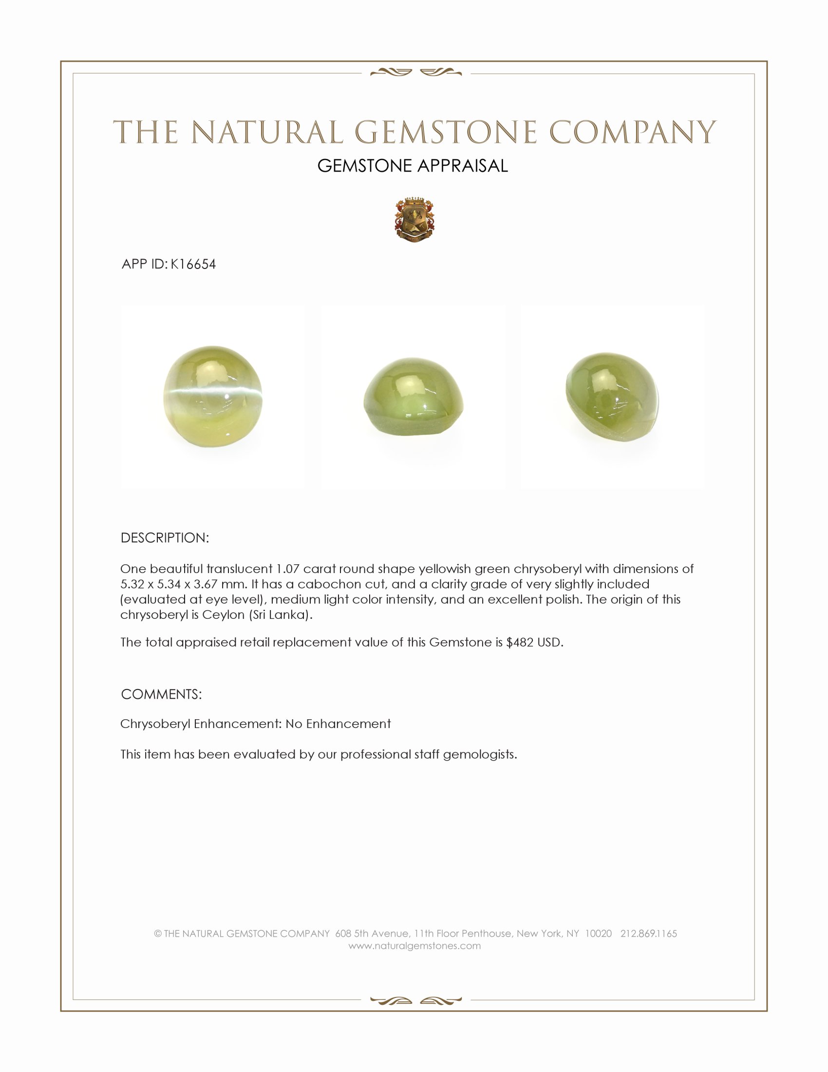 1.07 Ct. Cabochon Chrysoberyl from Ceylon (Sri Lanka)