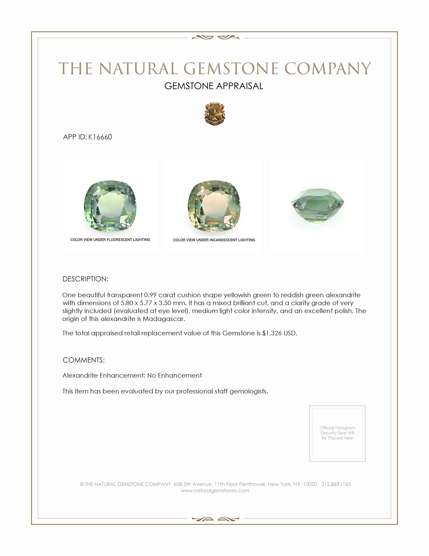 0.99 Ct. Alexandrite from Madagascar