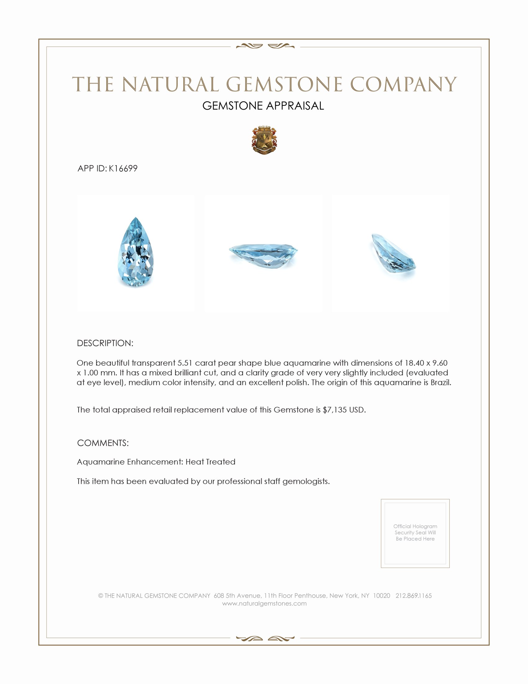 5.51 Ct. Aquamarine from Brazil