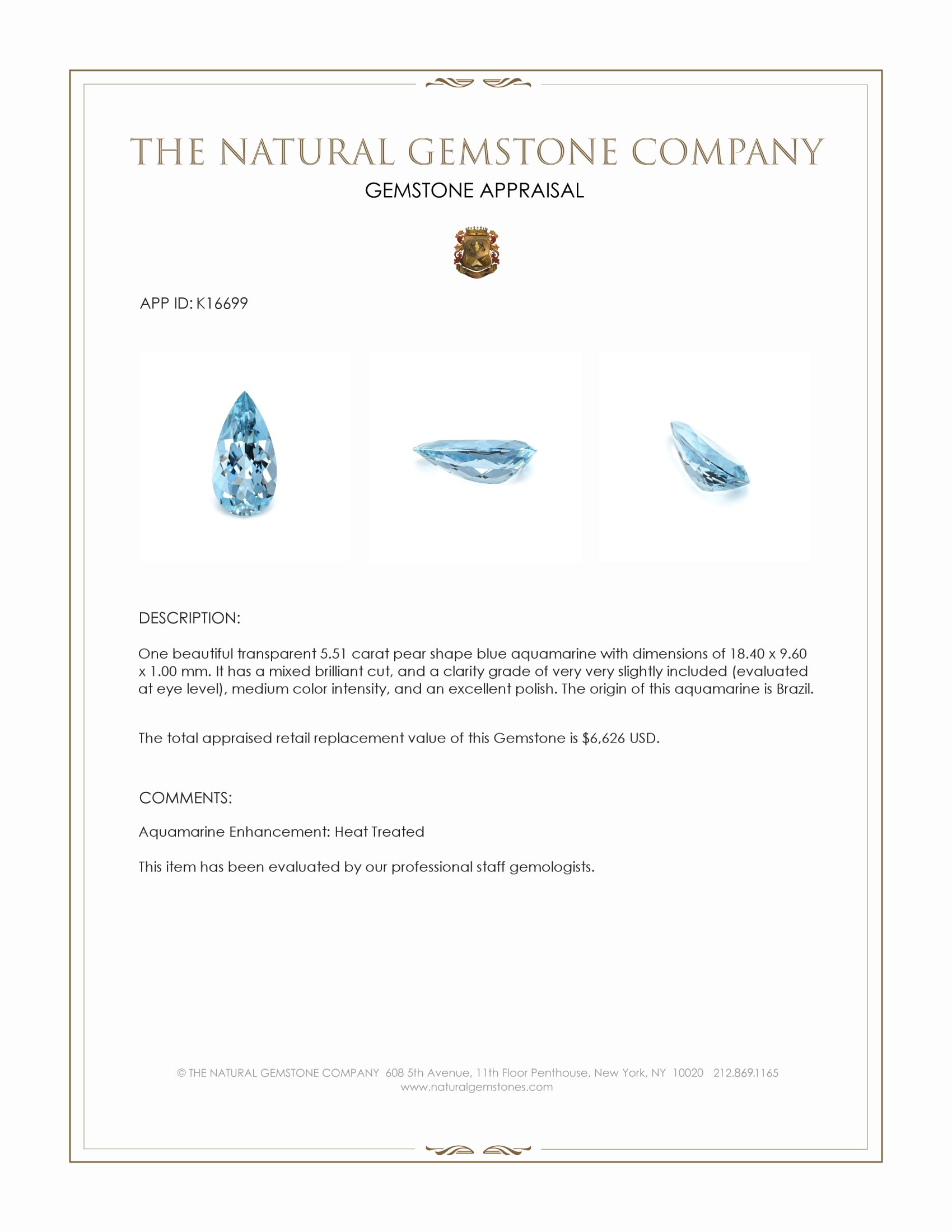 5.51 Ct. Blue Aquamarine from Brazil