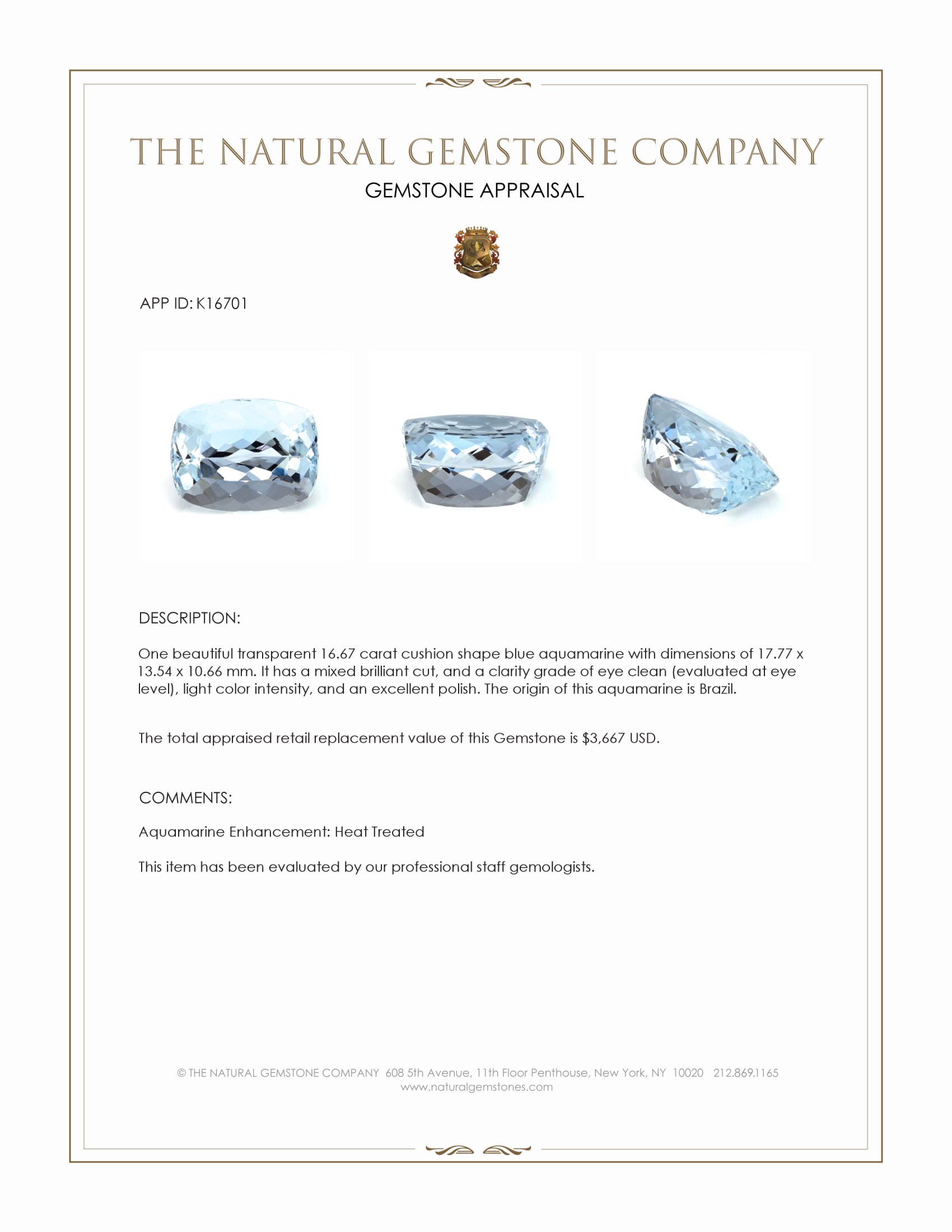 16.67 Ct. Blue Aquamarine from Brazil