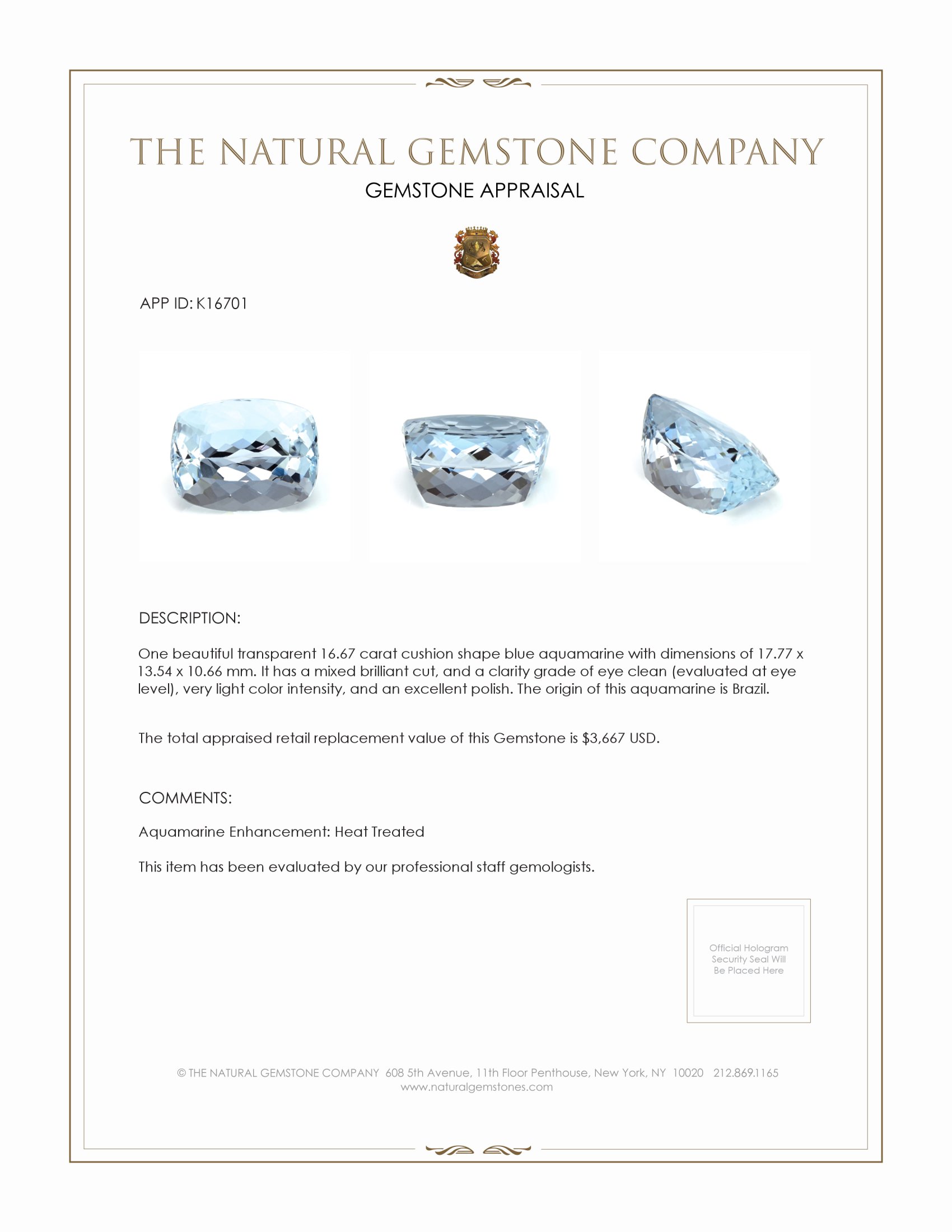 16.67 Ct. Aquamarine from Brazil