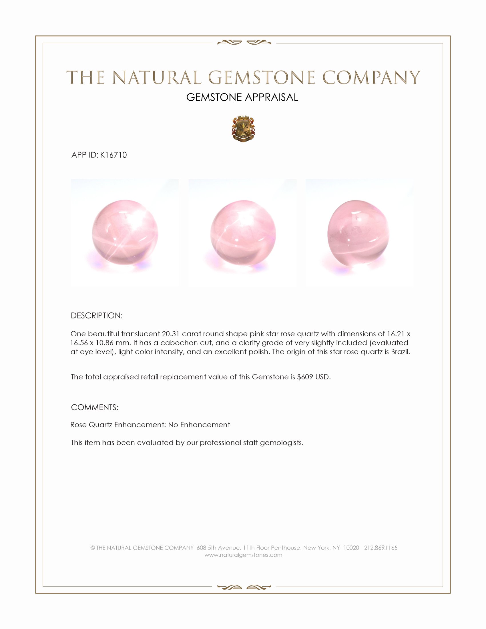 20.31 Ct. Pink Star Rose Quartz from Brazil