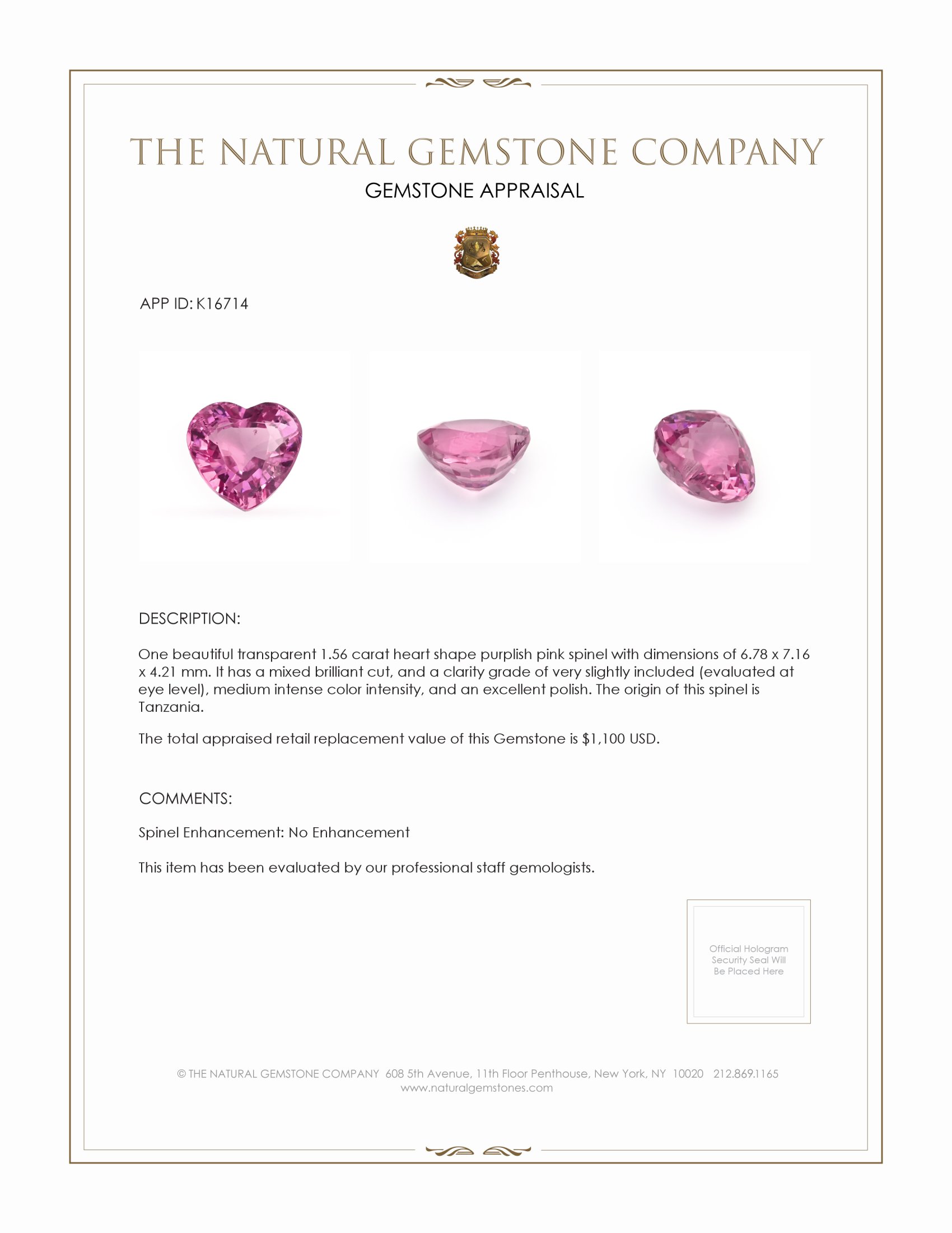 1.56 Ct. Spinel from Tanzania