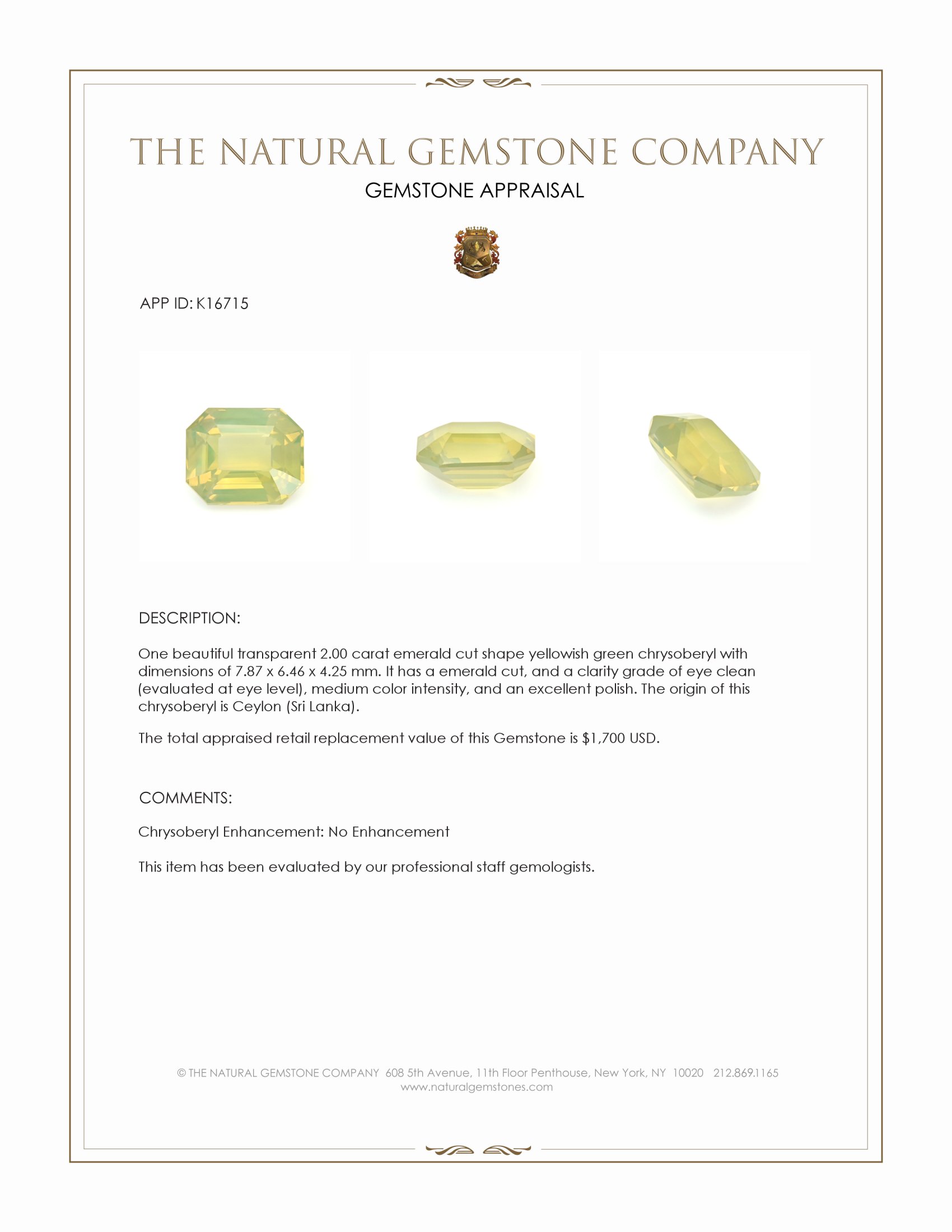 2.00 Ct. Yellowish Green Chrysoberyl from Ceylon (Sri Lanka)