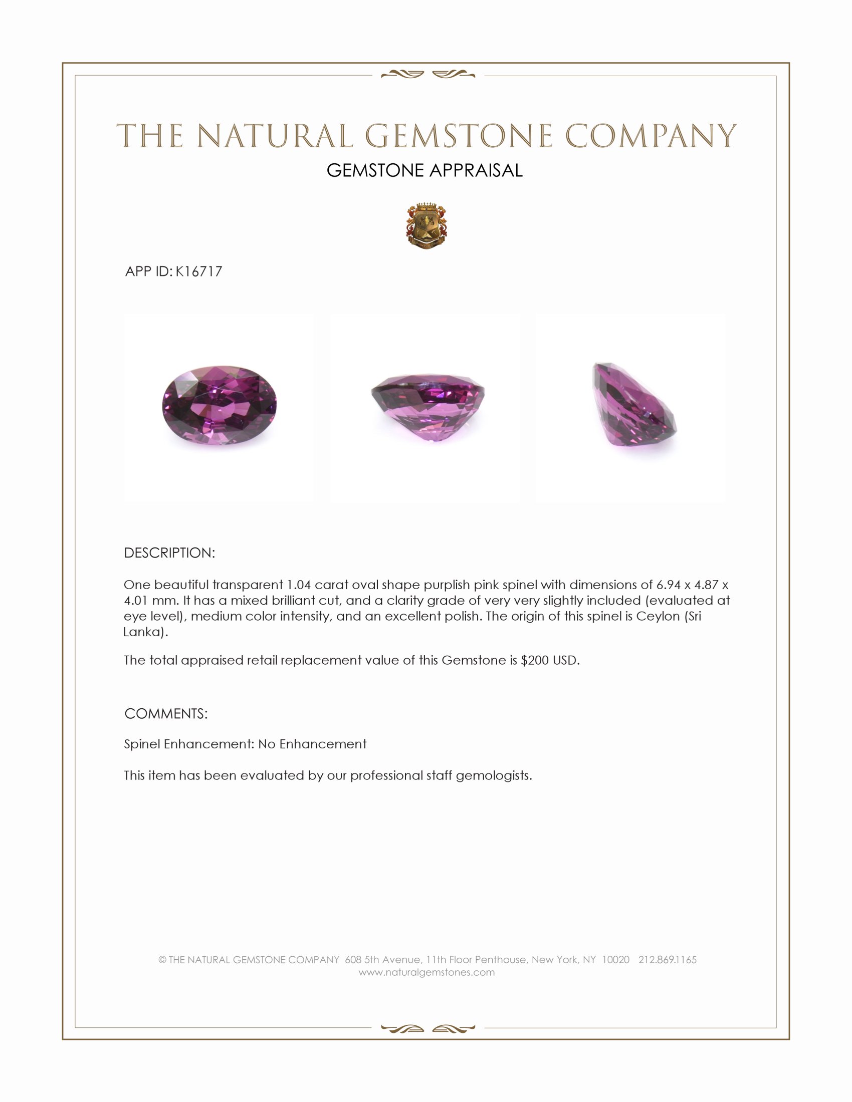 1.04 Ct. Purplish Pink Spinel from Ceylon (Sri Lanka)
