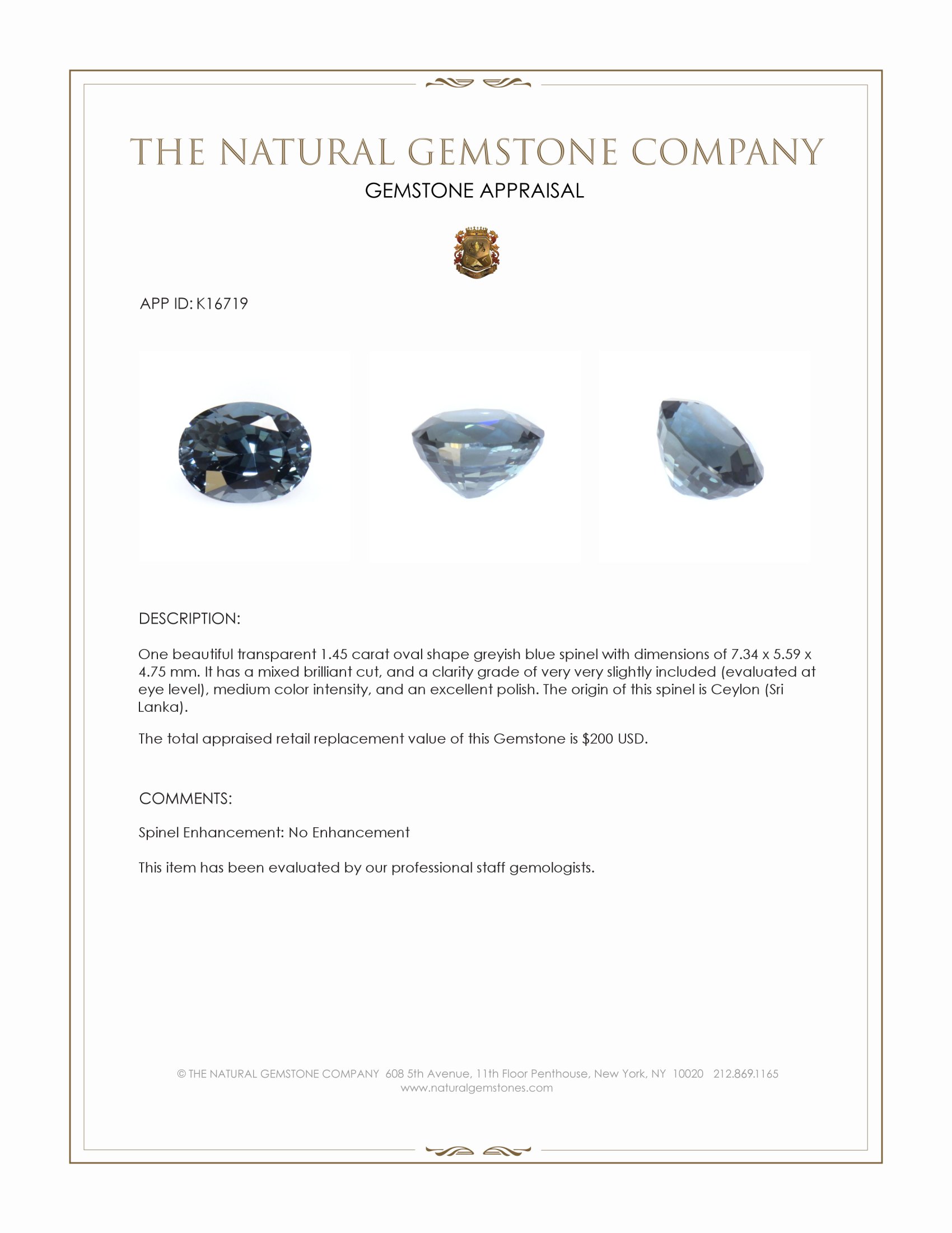 1.45 Ct. Greyish Blue Spinel from Ceylon (Sri Lanka)