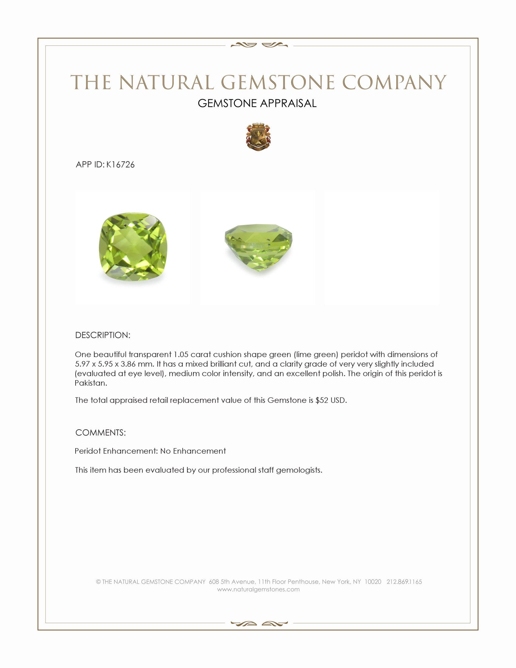 1.05 Ct. Green (Lime Green) Peridot from Pakistan