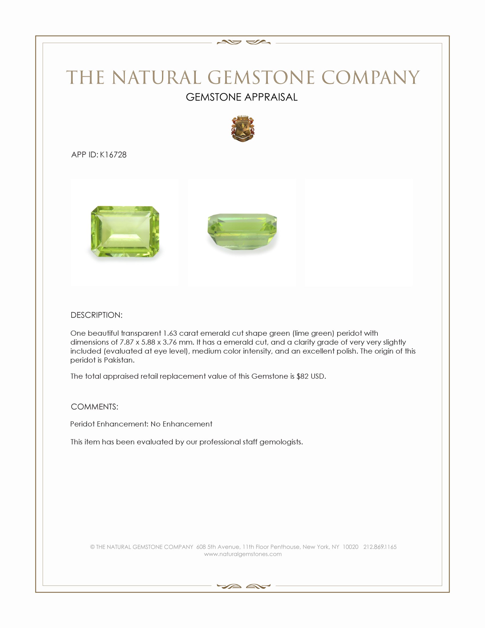 1.63 Ct. Green (Lime Green) Peridot from Pakistan