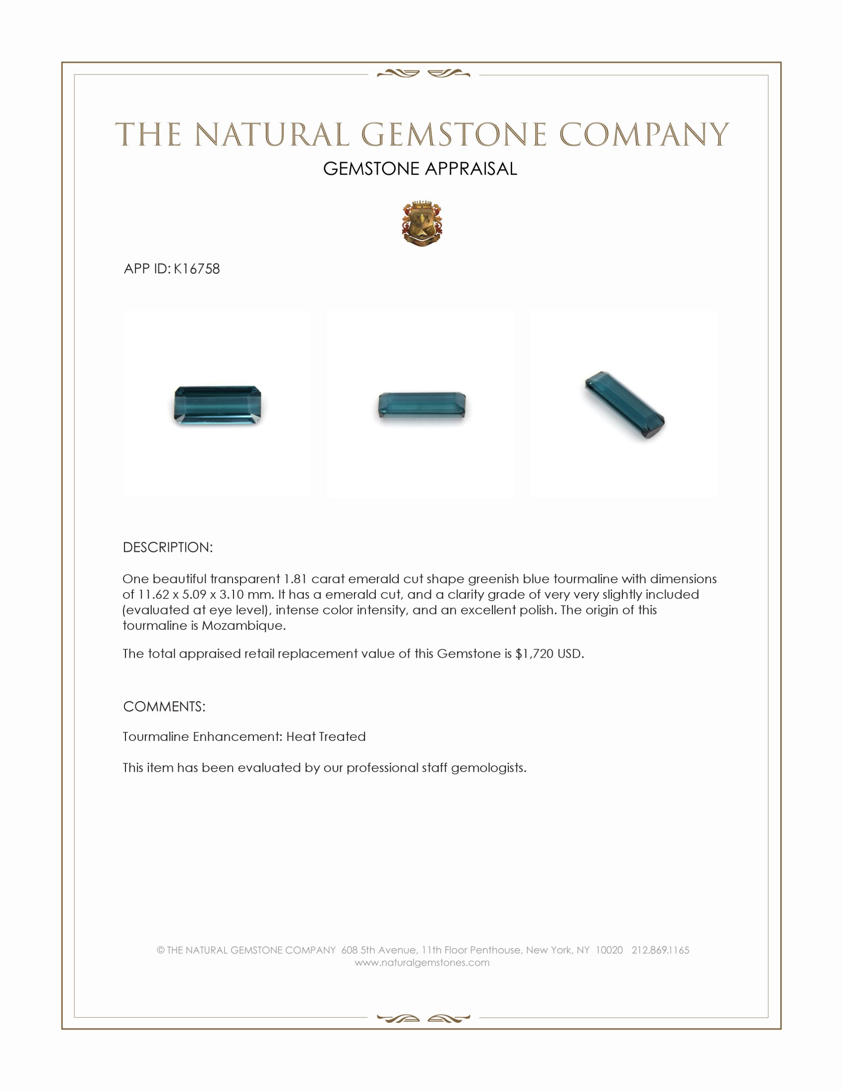 1.81 Ct. Greenish Blue Tourmaline from Mozambique