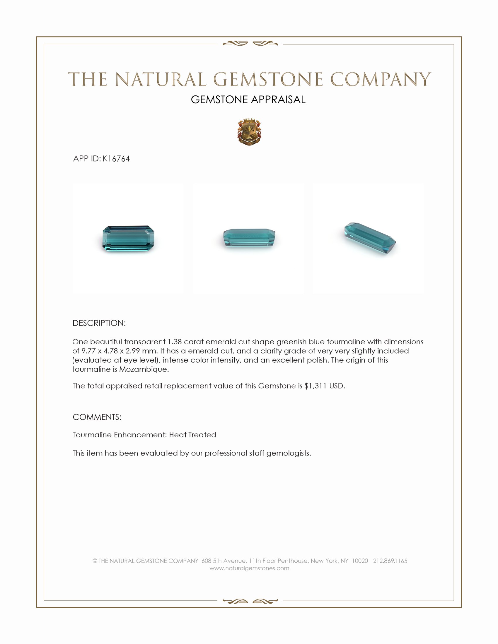 1.38 Ct. Greenish Blue Tourmaline from Mozambique