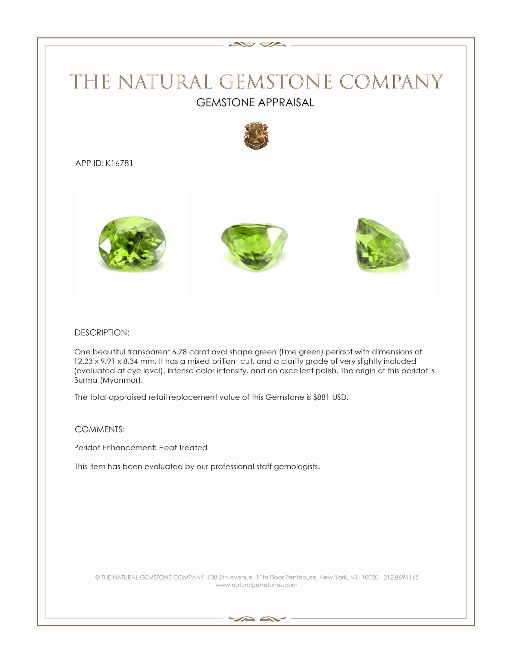 6.78 Ct. Green (Lime Green) Peridot from Burma (Myanmar)