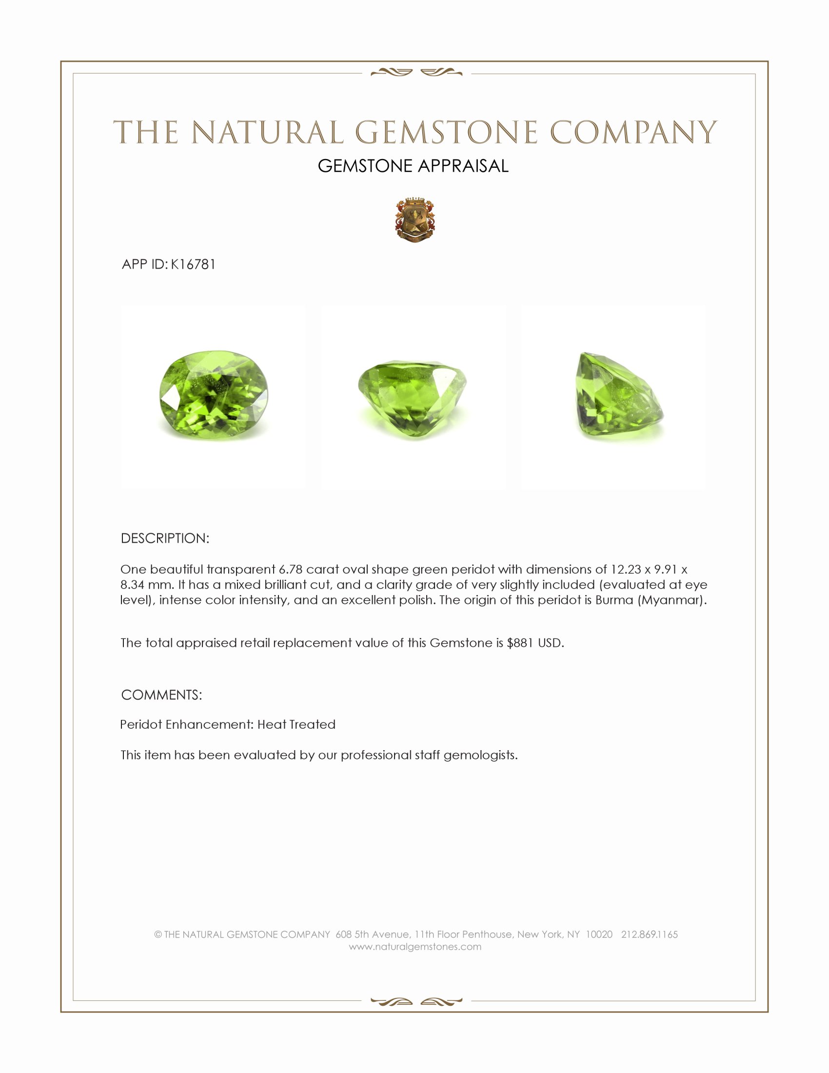 6.78 Ct. Green Peridot from Burma (Myanmar)