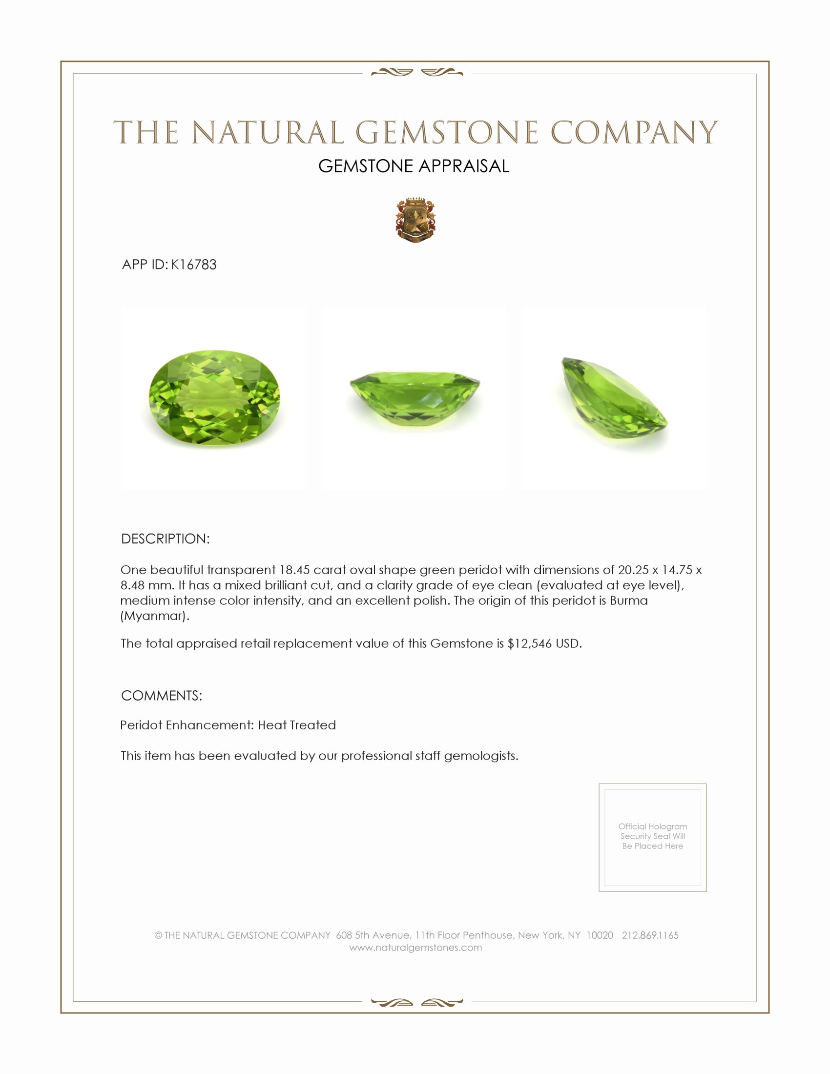 18.45 Ct. Green Peridot from Burma (Myanmar)