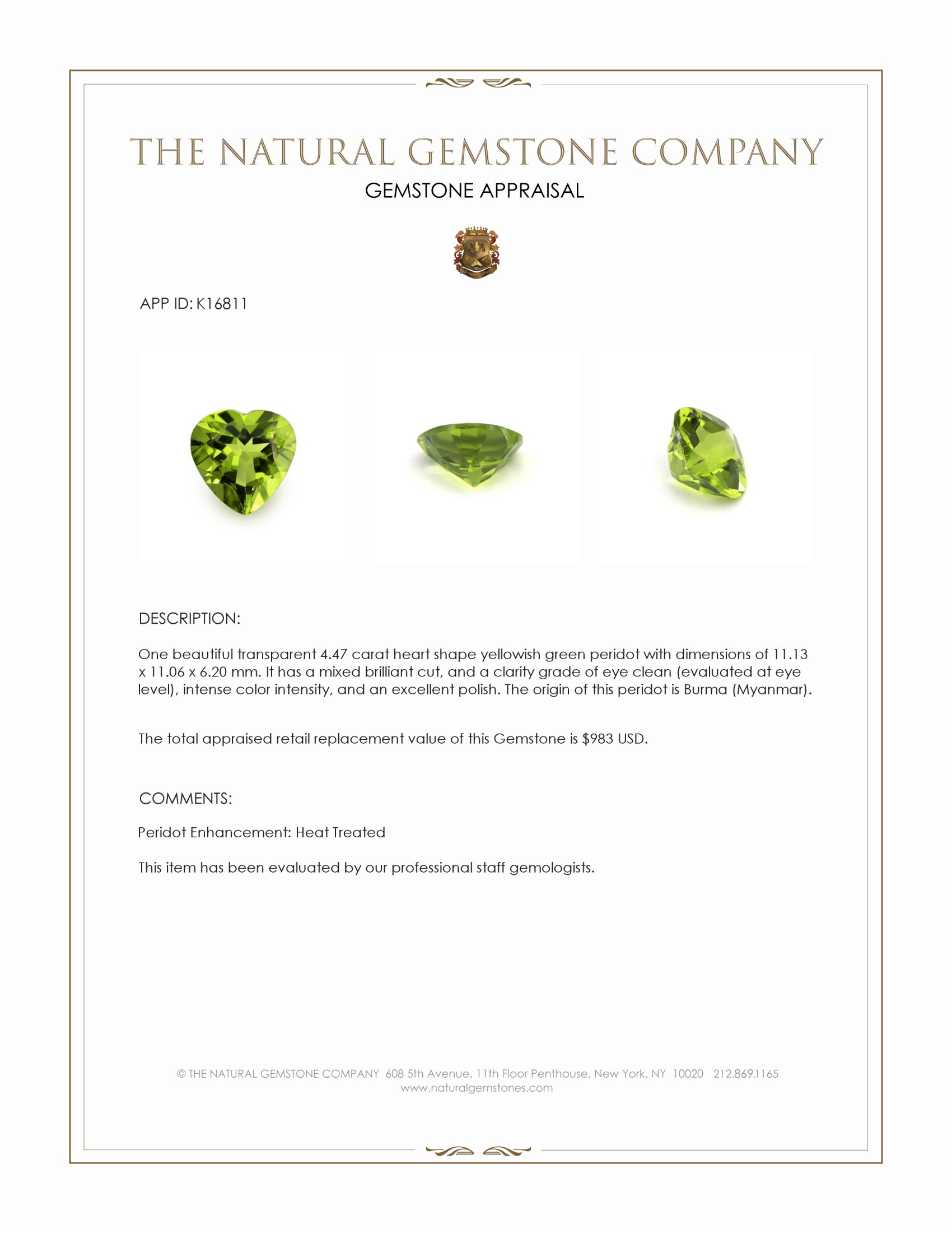 4.47 Ct. Yellowish Green Peridot from Burma (Myanmar)