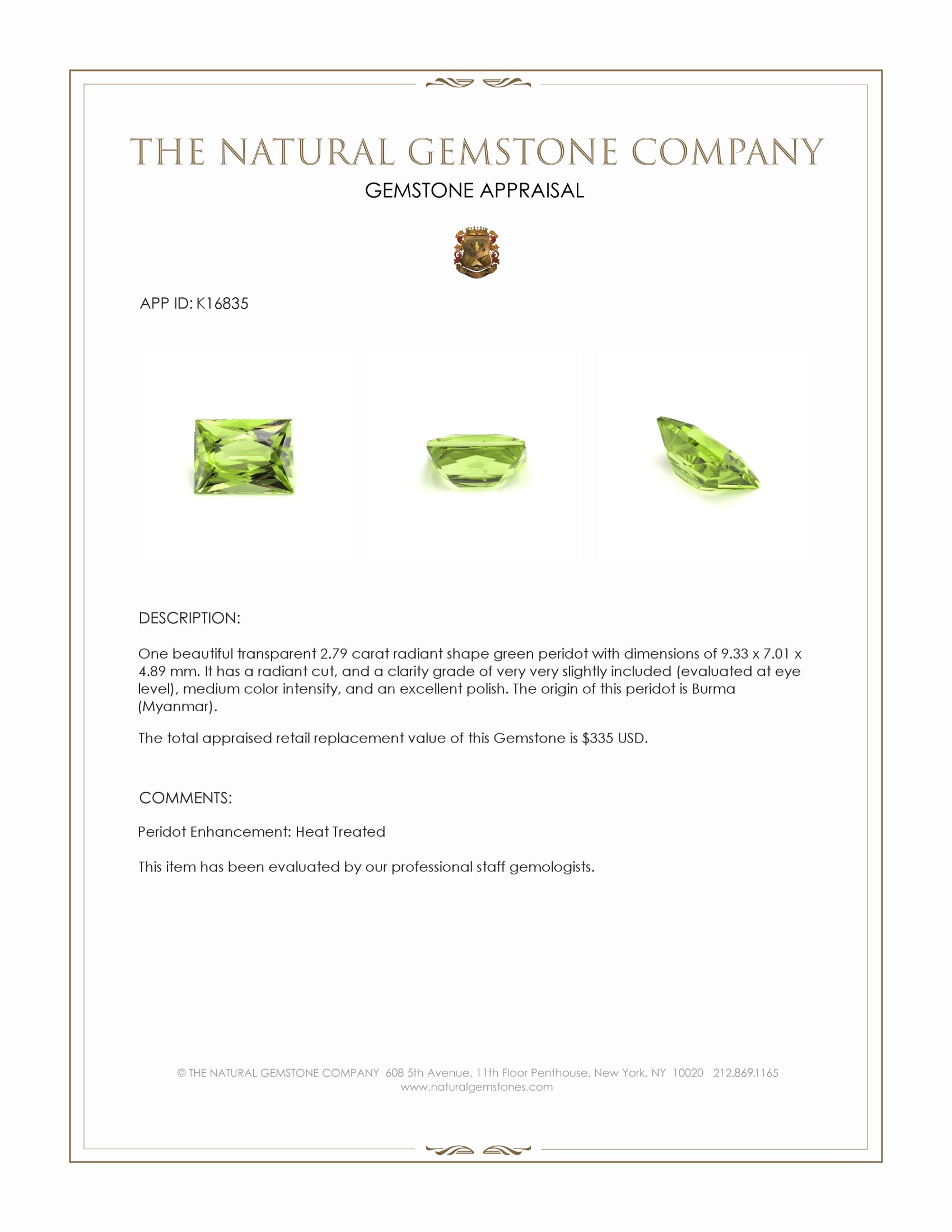 2.79 Ct. Green (Lime Green) Peridot from Burma (Myanmar)