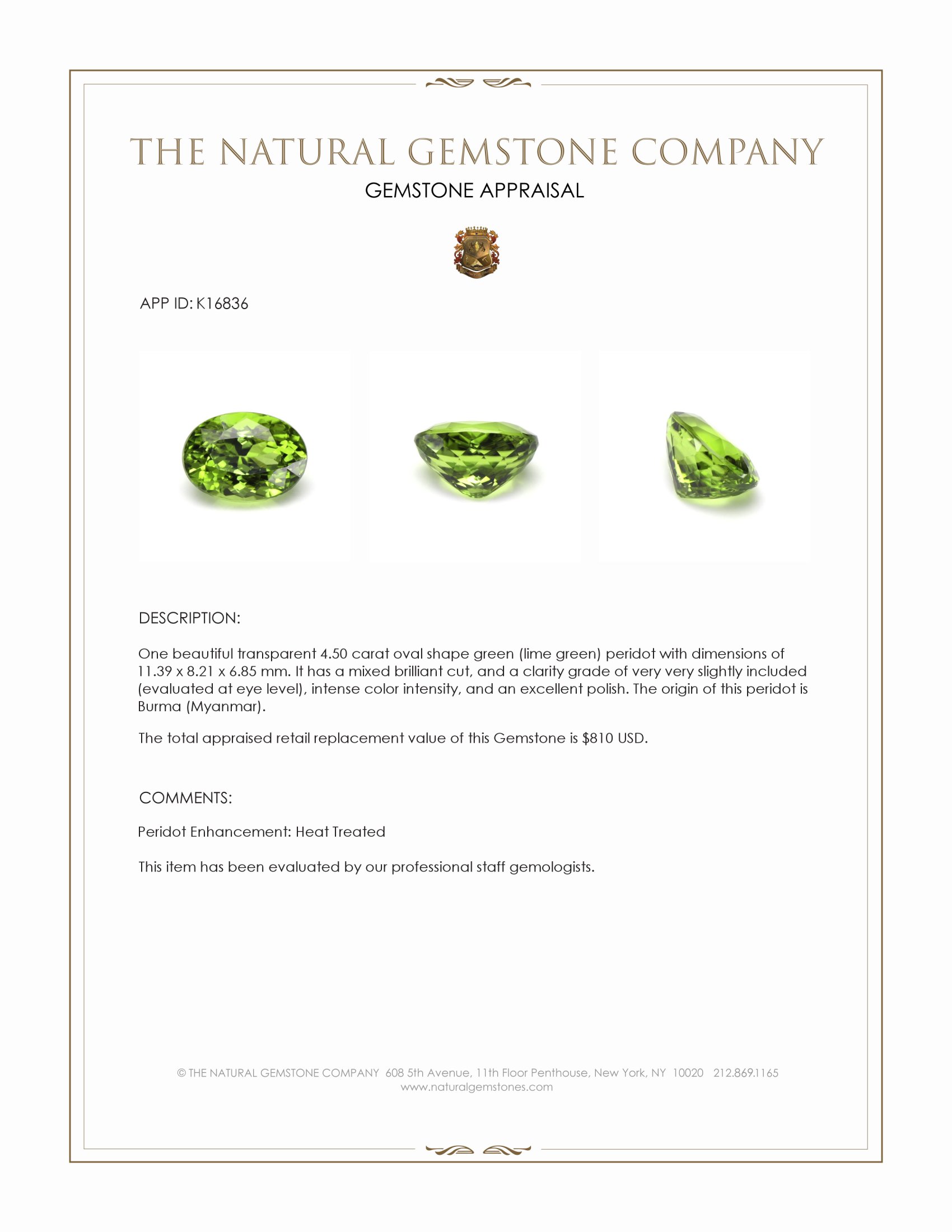 4.50 Ct. Green (Lime Green) Peridot from Burma (Myanmar)