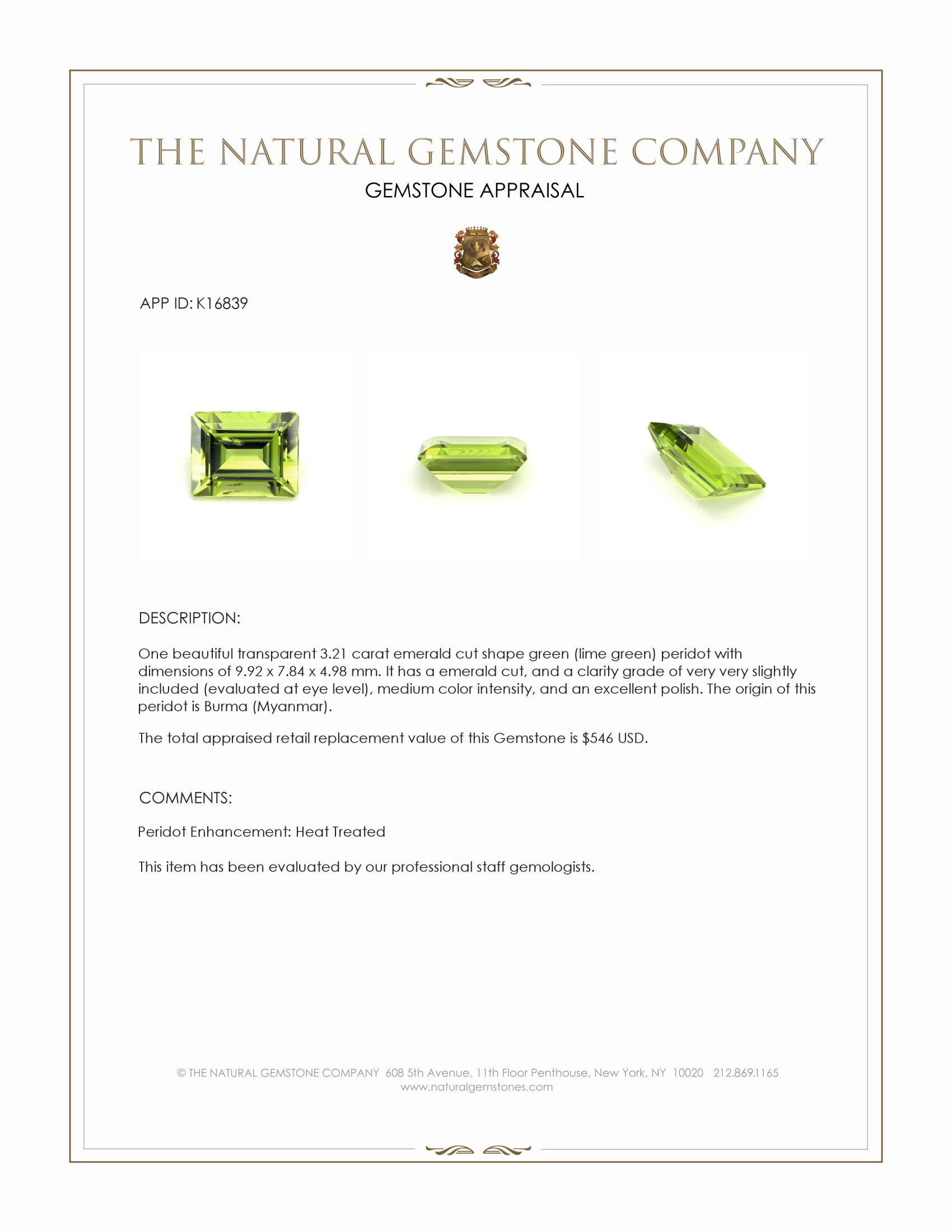 3.21 Ct. Green (Lime Green) Peridot from Burma (Myanmar)