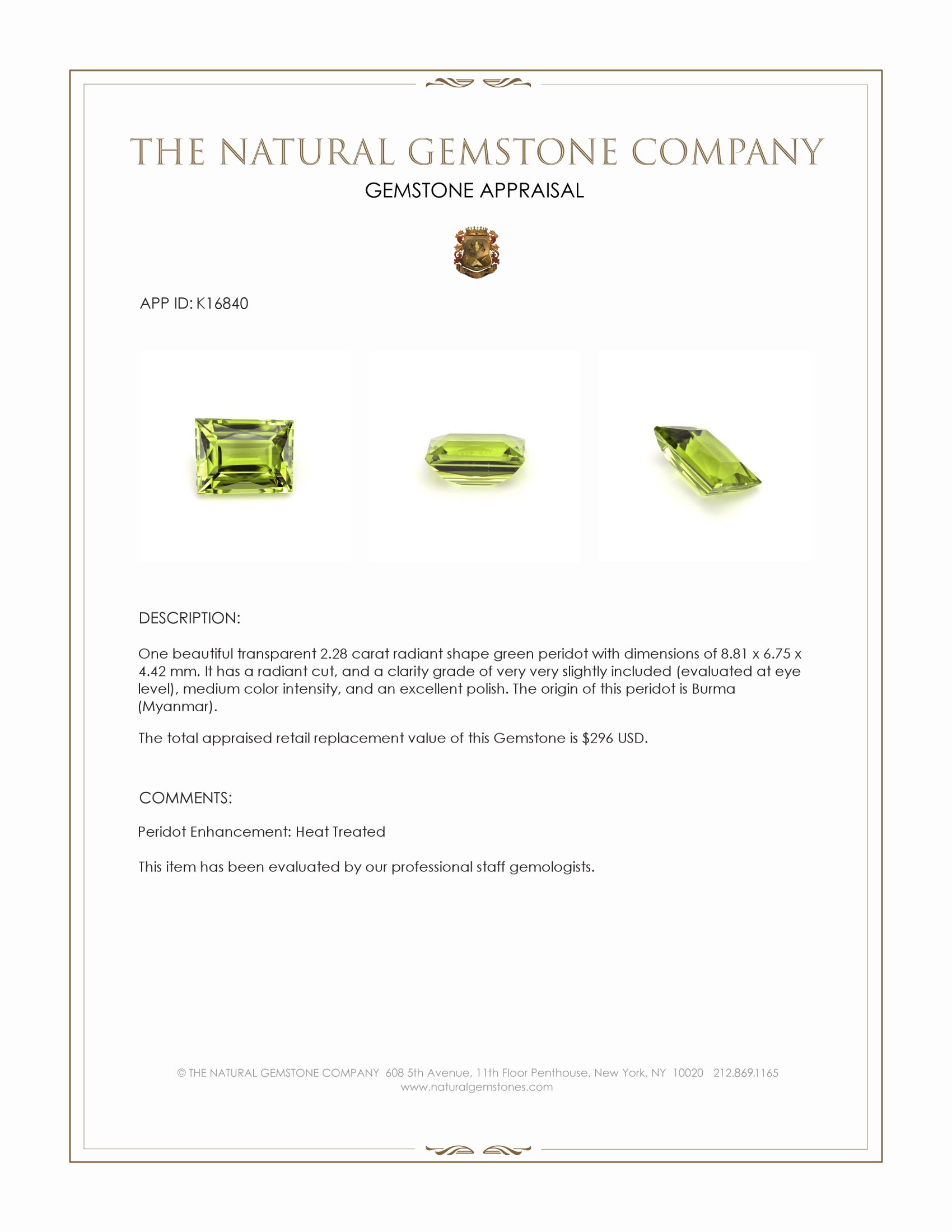 2.28 Ct. Green Peridot from Burma (Myanmar)