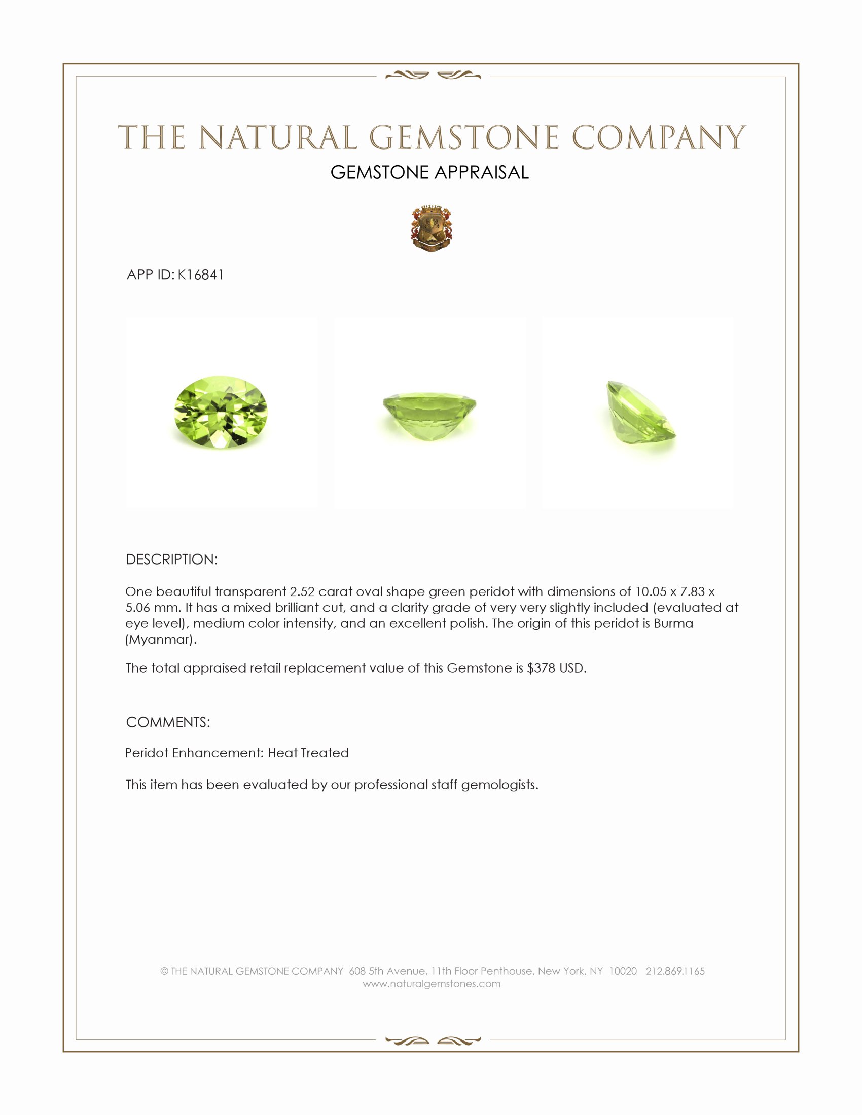 2.52 Ct. Green (Lime Green) Peridot from Burma (Myanmar)