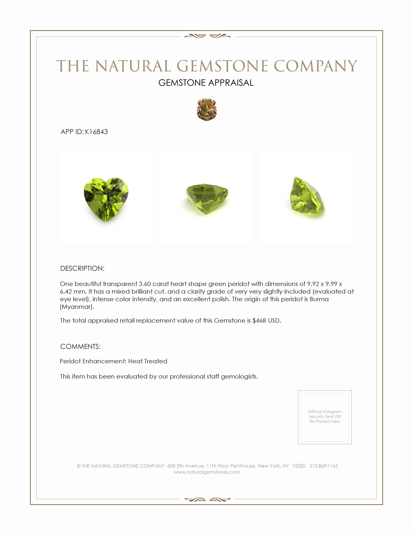 3.60 Ct. Peridot from Burma (Myanmar)