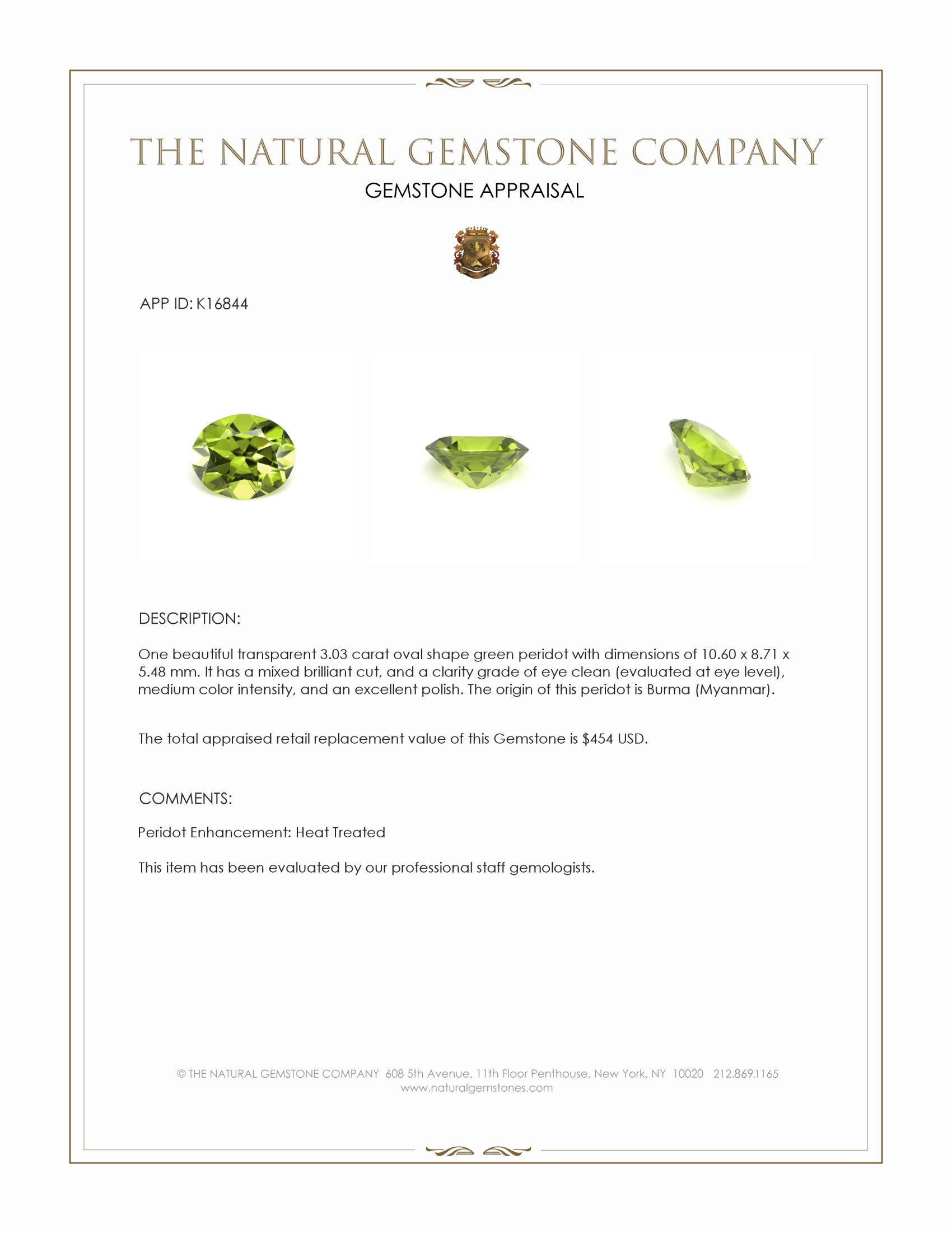 3.03 Ct. Green Peridot from Burma (Myanmar)